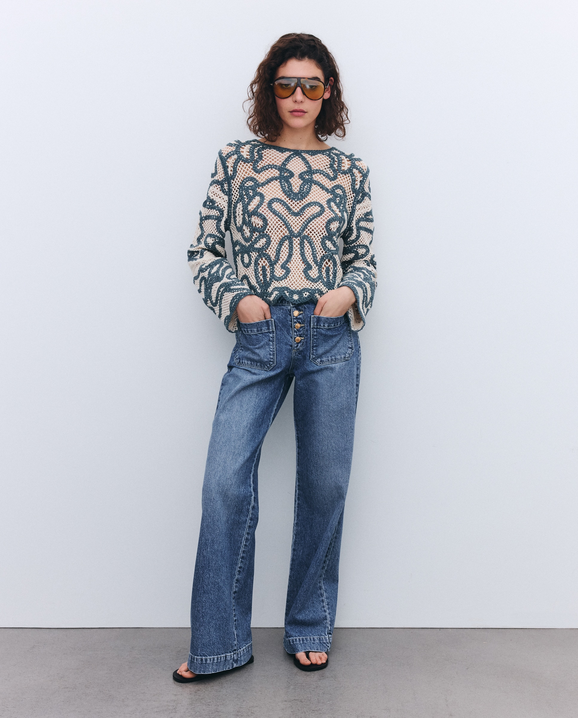 Camisola de Malha de Crochet Verde Pato-1