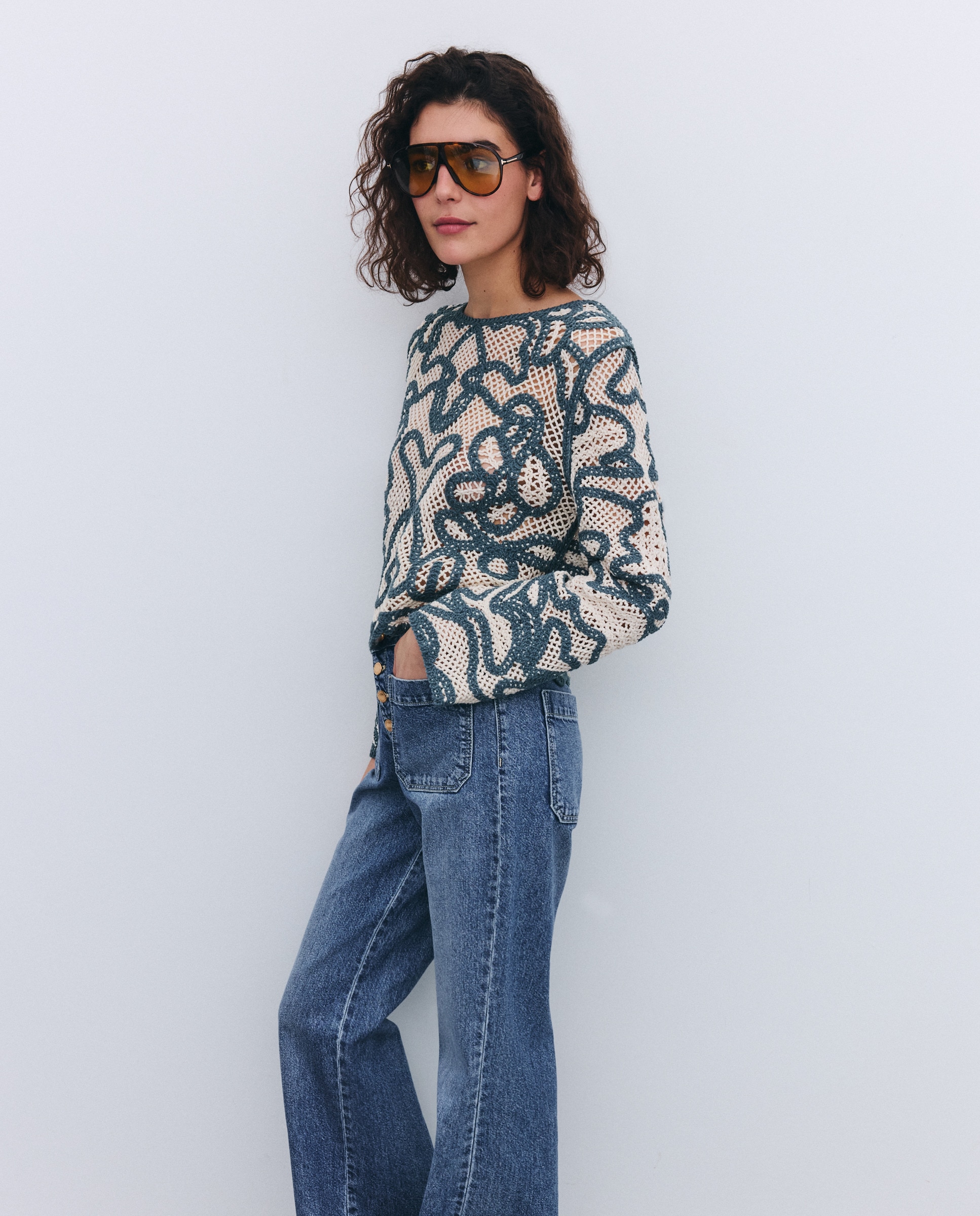 Camisola de Malha de Crochet Verde Pato-4