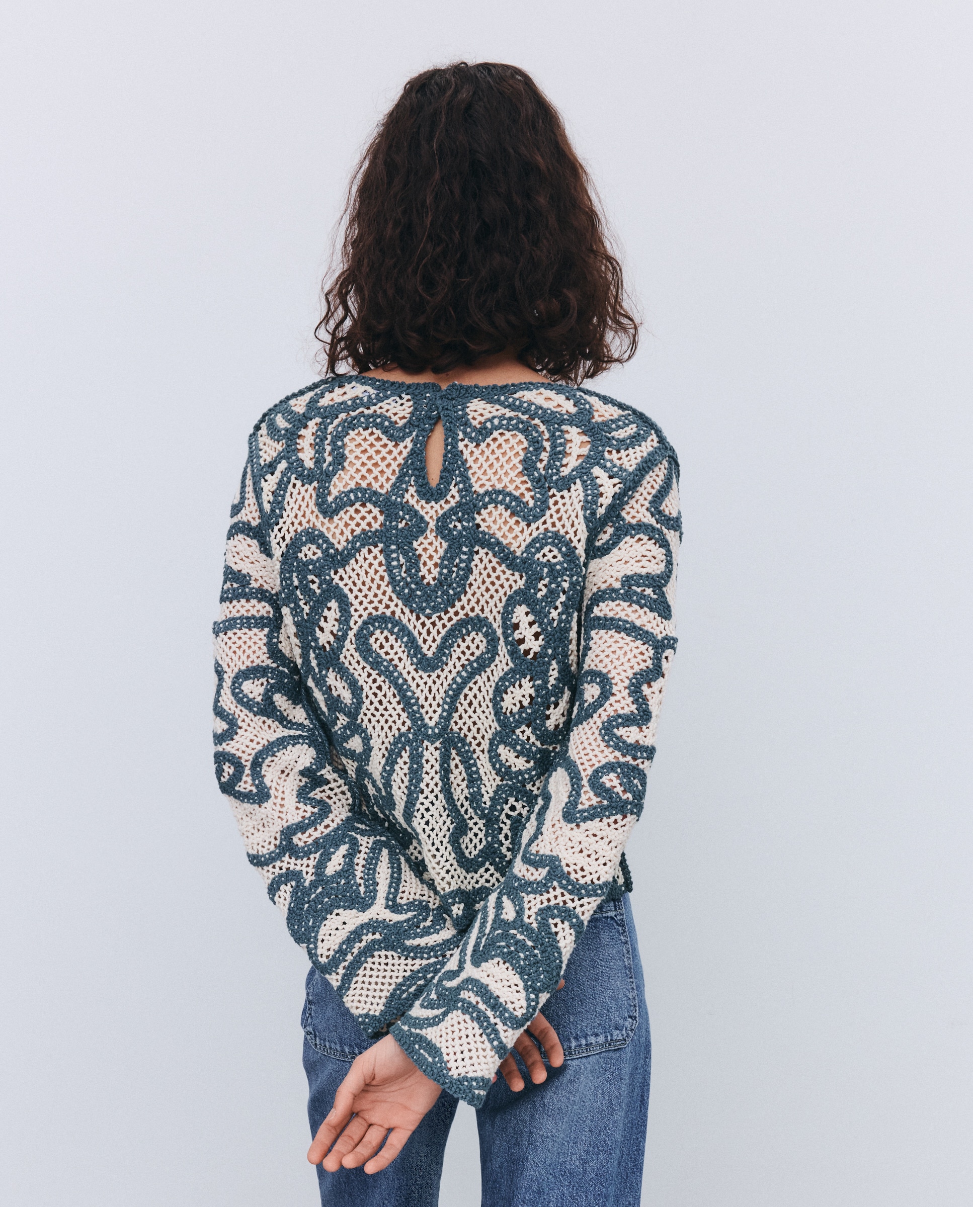 Camisola de Malha de Crochet Verde Pato-3