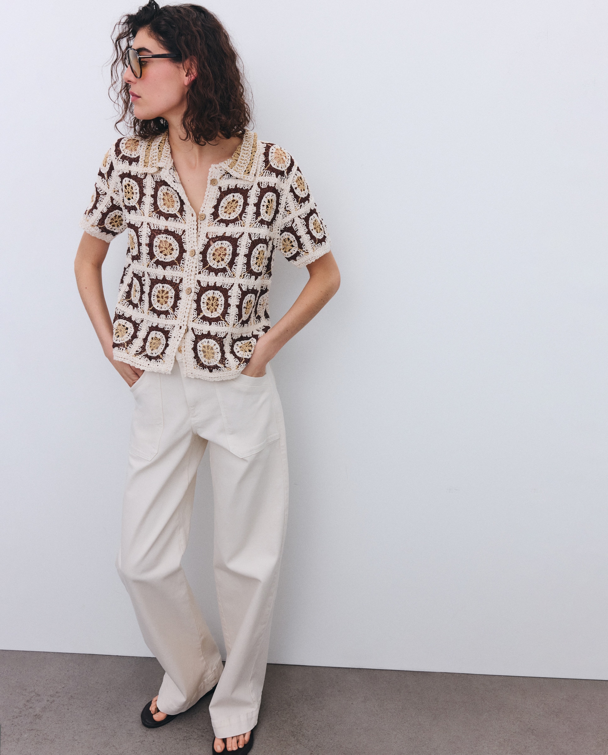 Camisola de Malha de Crochet com Fantasia e Manga Curta 120 Cru-4