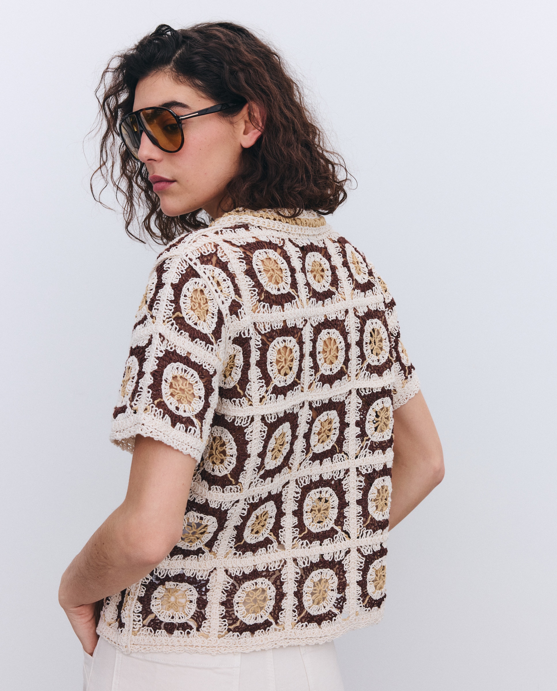 Camisola de Malha de Crochet com Fantasia e Manga Curta 120 Cru-3