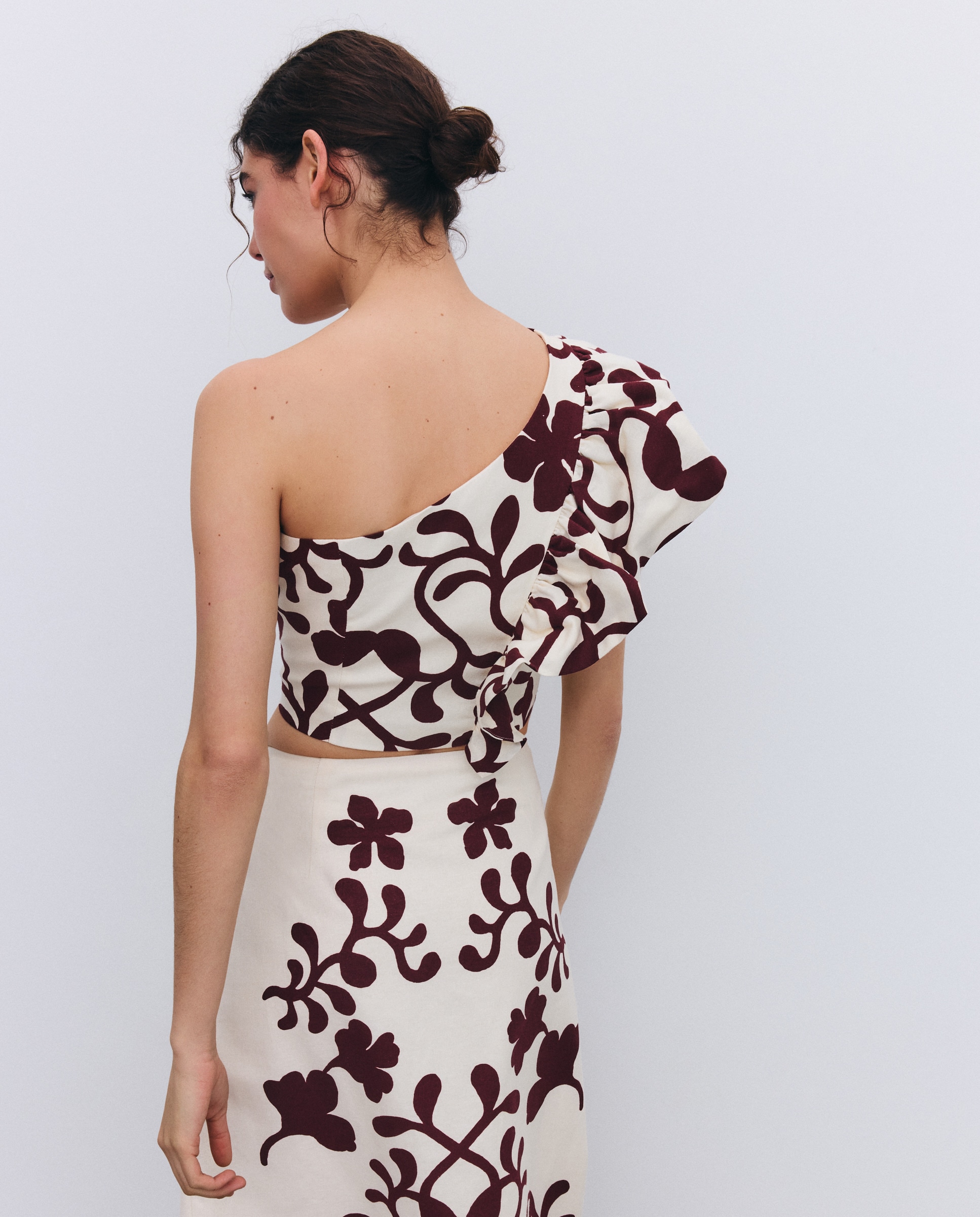 Top Assimétrico em Linho Estampado com Folho Vermelho-4