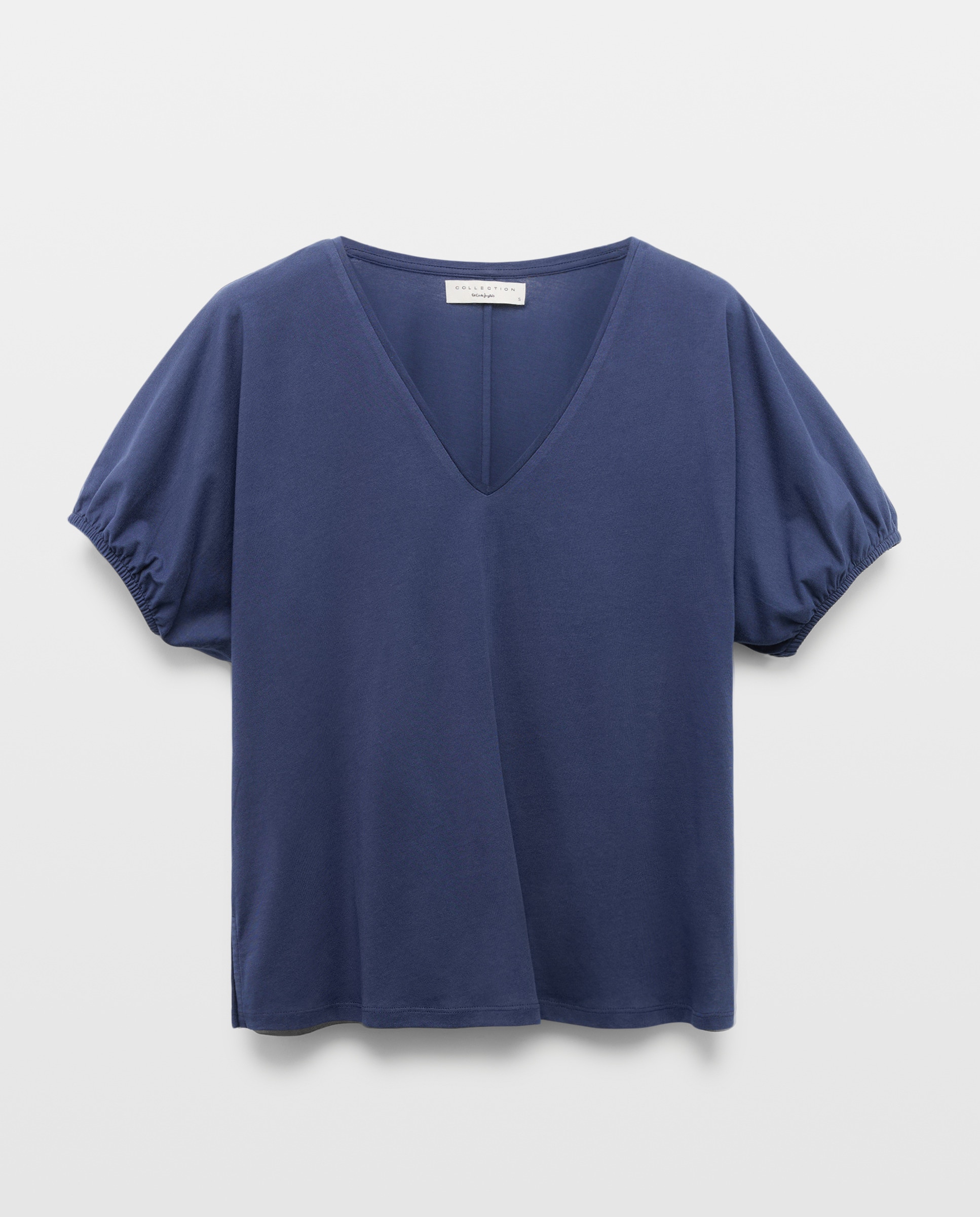 T-shirt de Manga Curta e Decote em Bico com Elástico nas Mangas 400 Azul-5