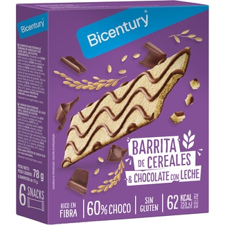 barrita de cereales y chocolate con leche sin gluten 6 unidades envase 78 g 6 unidades - Bicentury
