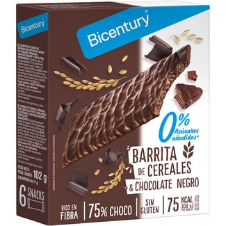 barrita de cereales y chocolate negro 0% azúcares añadidos sin gluten 6 unidades envase 102 g - Bicentury
