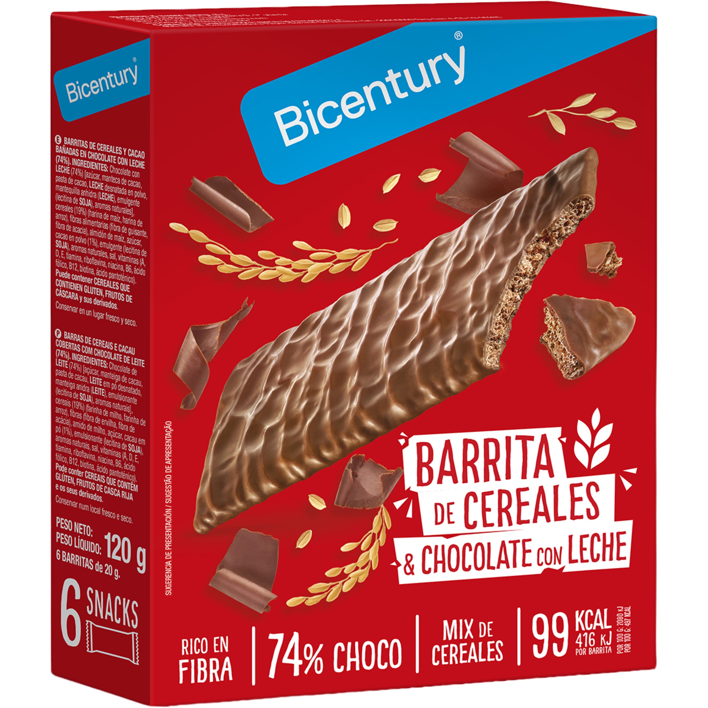 barritas de cereales y chocolate con leche 74% choco 6 unidades estuche 120 g