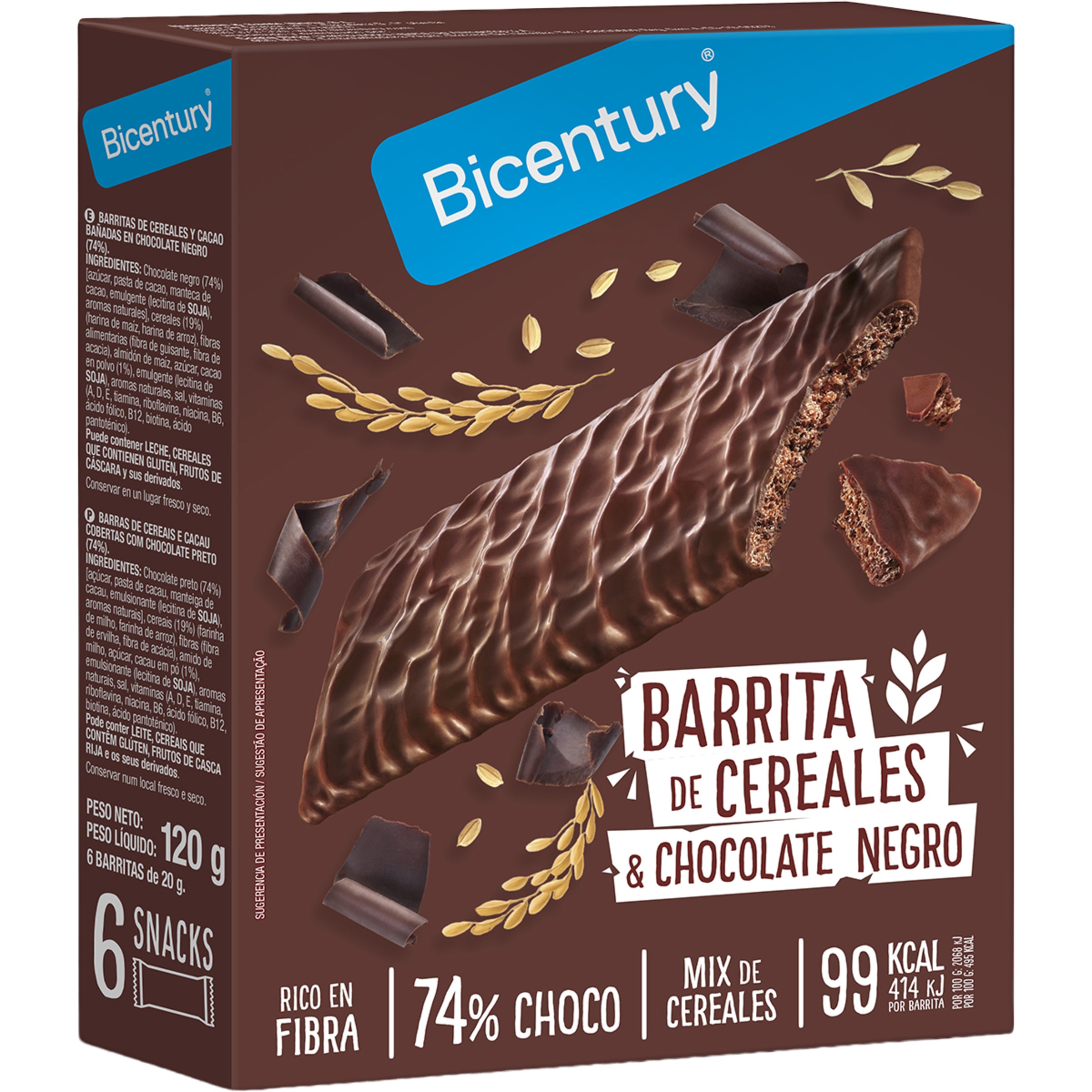 barritas de cereales y chocolate negro 74% choco 6 unidades estuche 120 g
