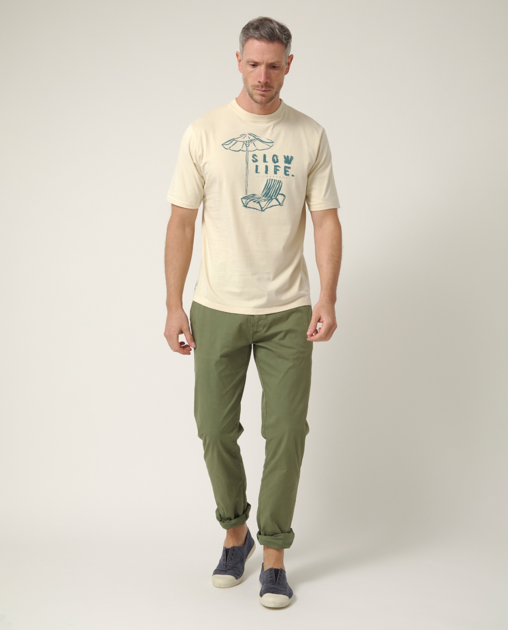 T-shirt de Manga Curta com Serigrafia Bege-5