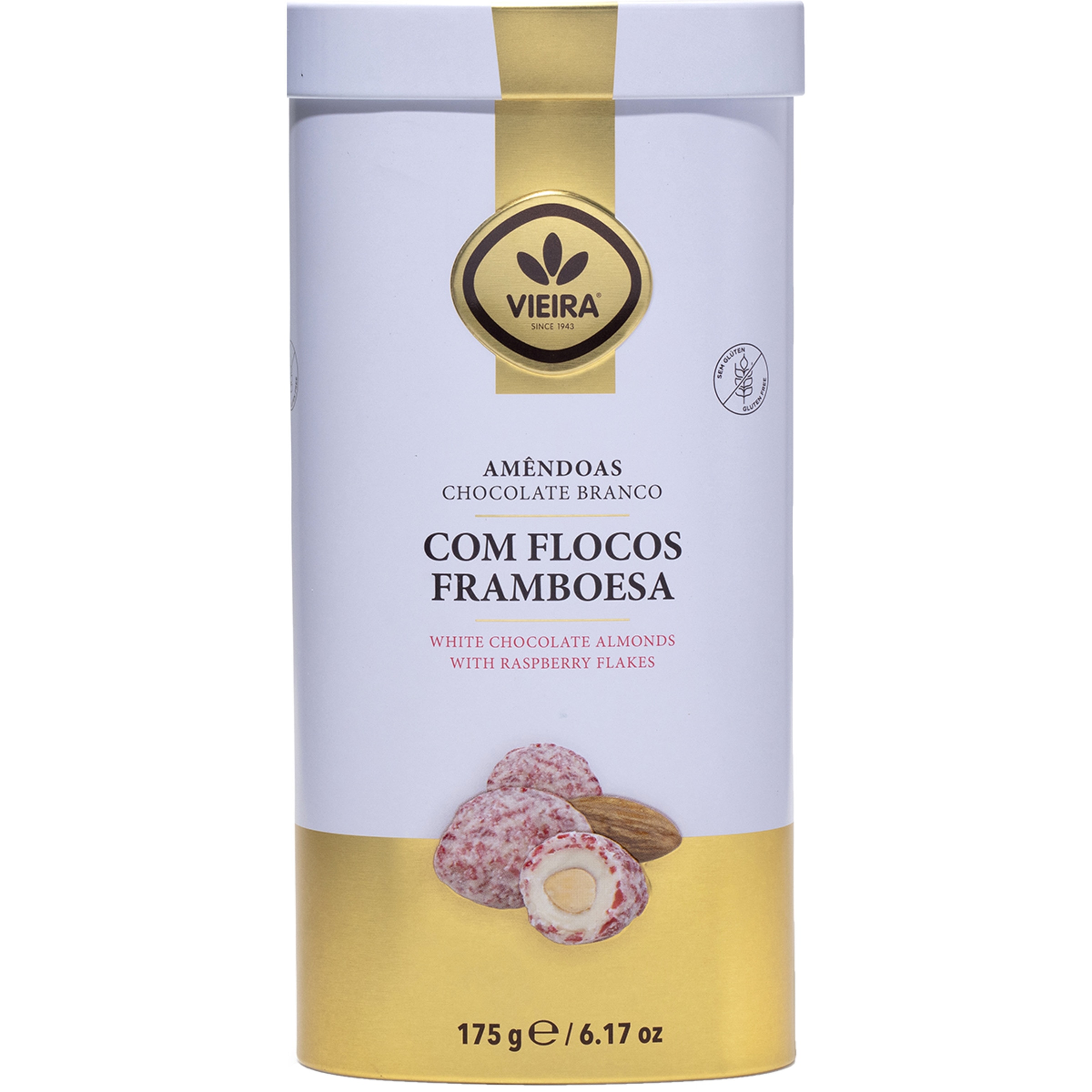 Amêndoas de Chocolate Branco e Framboesa lata 175 g