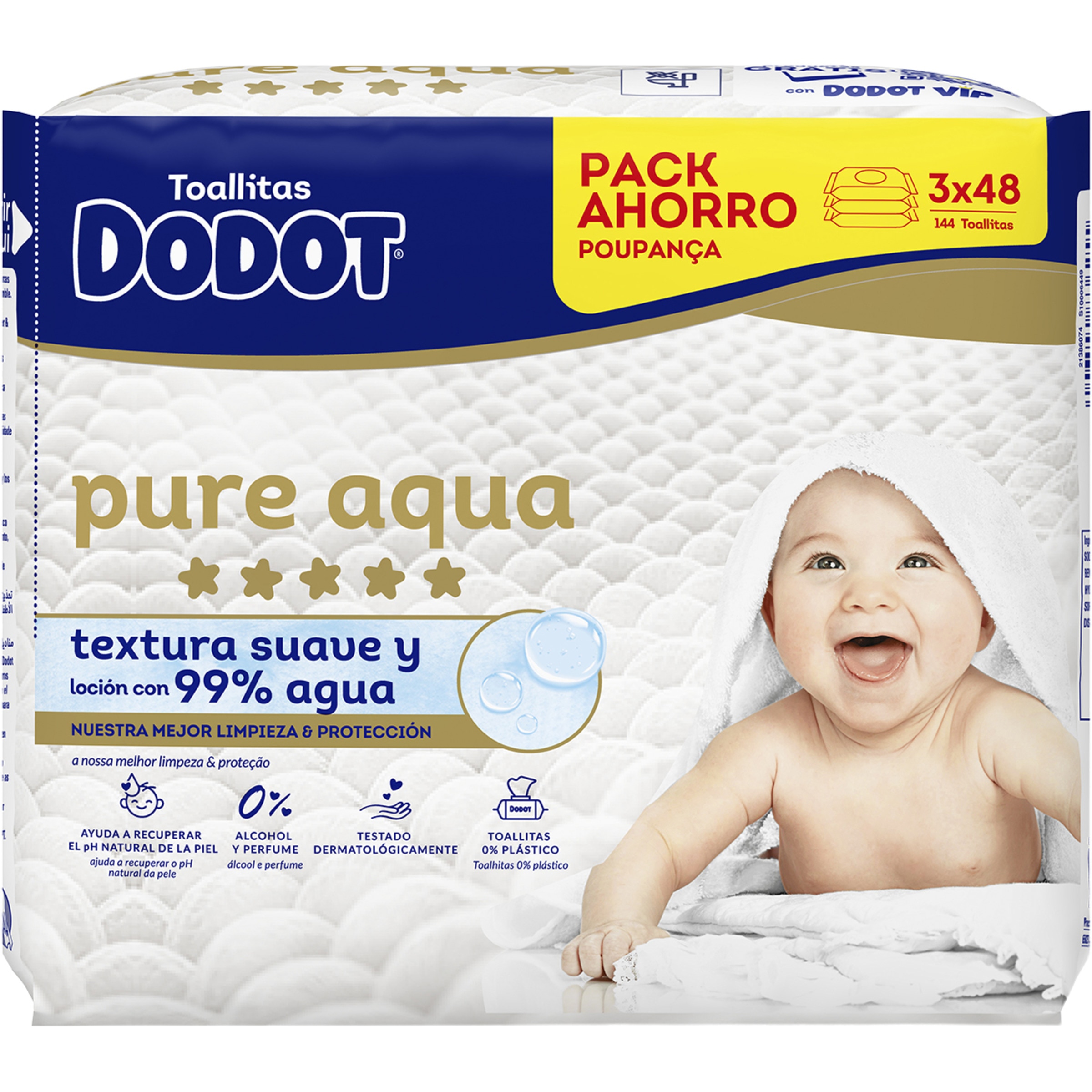toallitas infantiles Aqua Pure con algodón pack 3 paquetes 48 unidades 0% perfume, alcohol y plástico