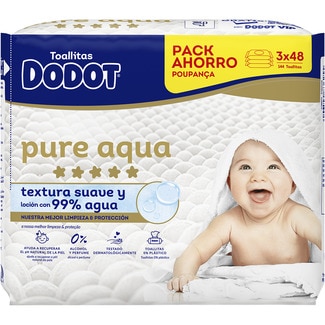 toallitas infantiles Aqua Pure con algodón pack 3 paquetes 48 unidades 0% perfume, alcohol y plástico - Dodot