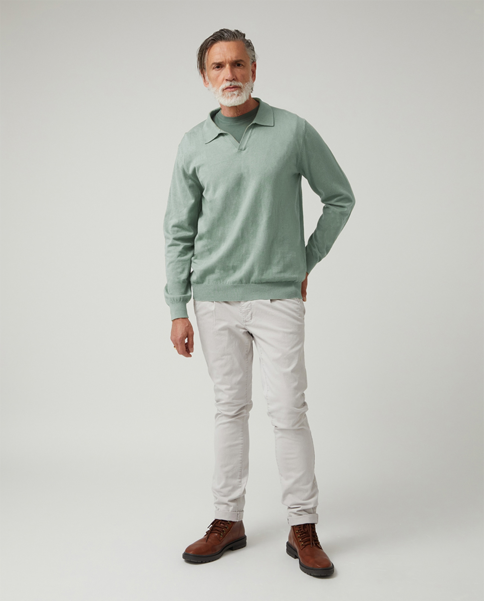 Camisola de Malha Fina com Colarinho de Polo Verde-escuro-4