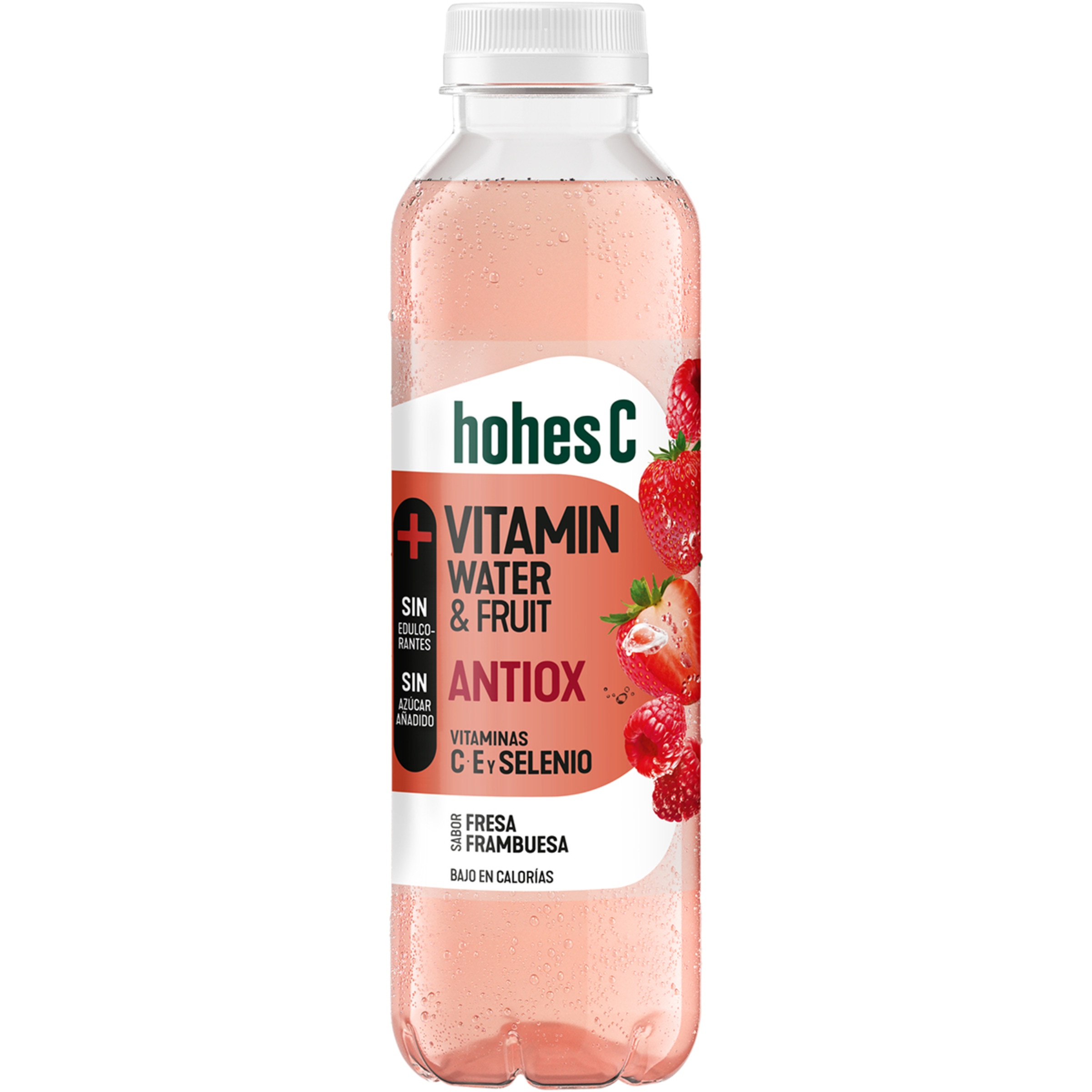 agua sabor fresa y frambuesa Antiox con vitaminas C, E y selenio botella 500 ml