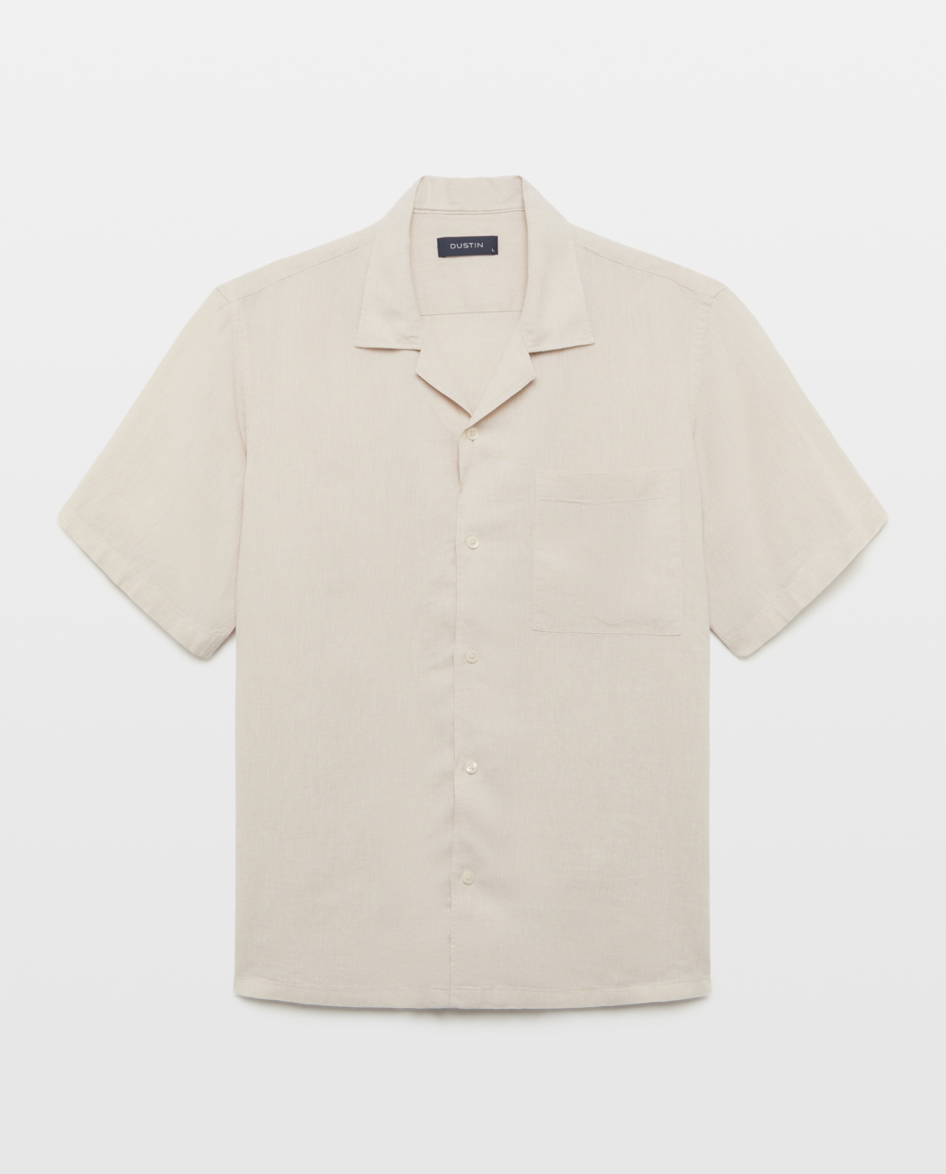 Camisa Lisa Classic Fit de Linho e Algodão com Manga Curta e Gola Tipo Bowling Bege-4