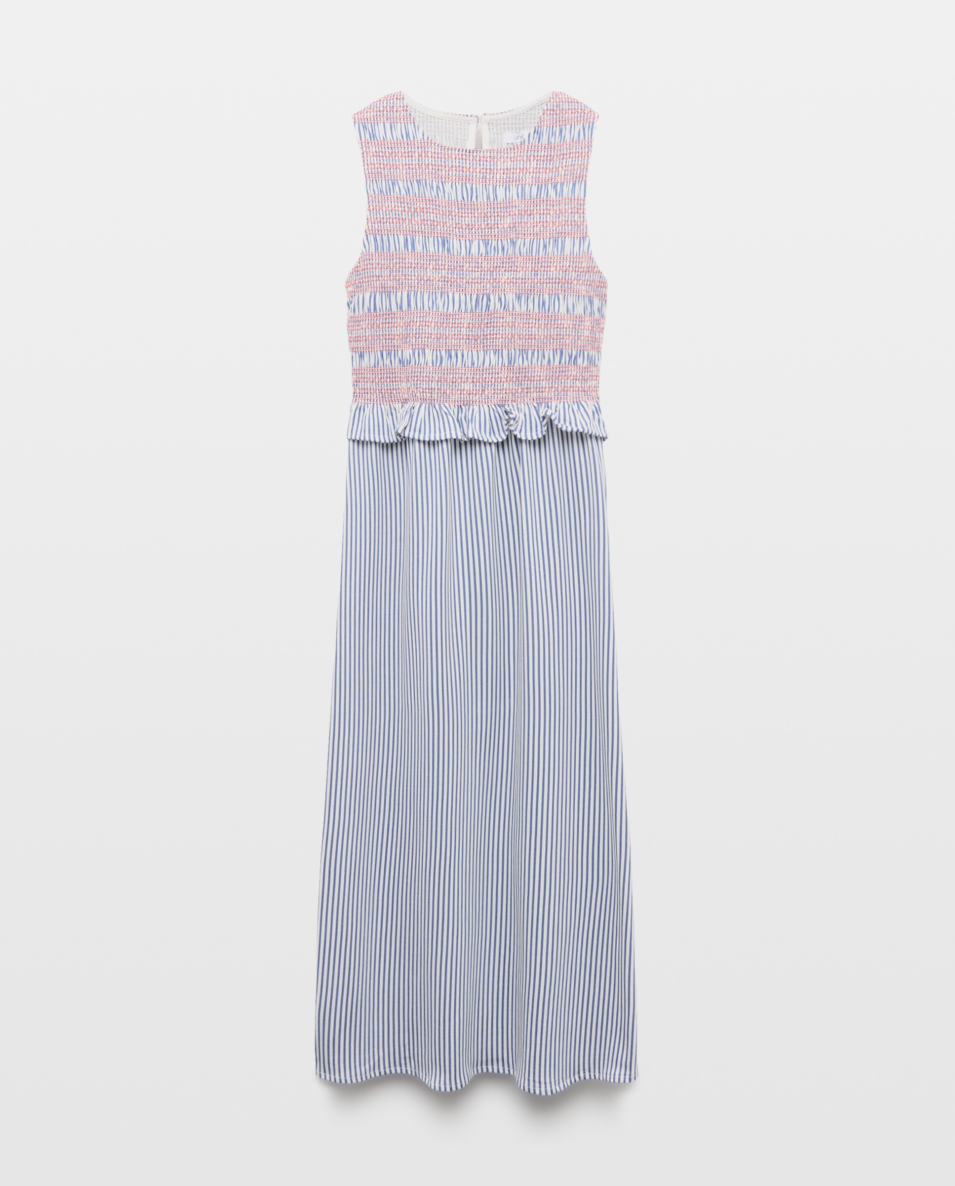 Vestido de mujer cuello caja sin mangas fruncido Azul-4