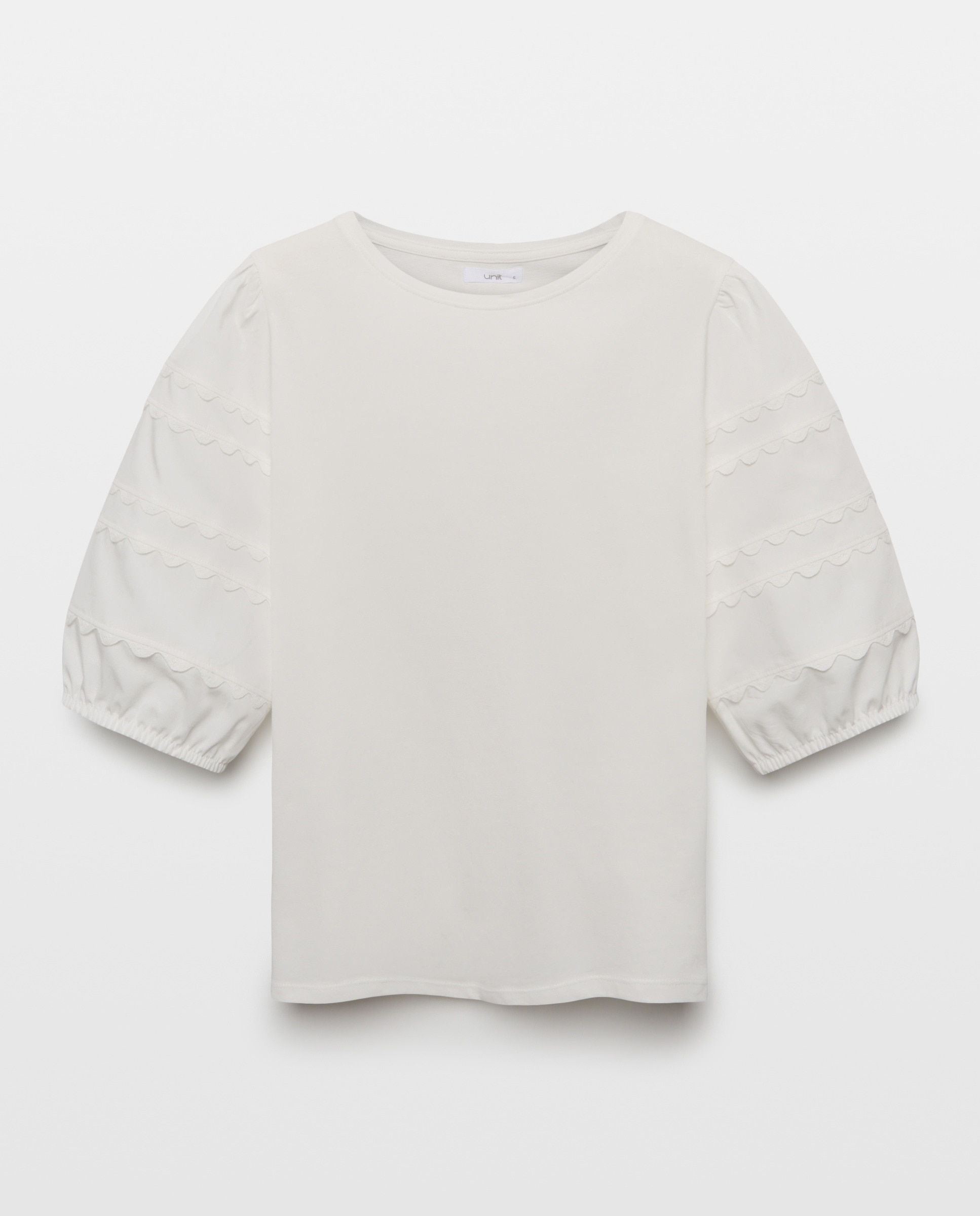 Camiseta de mujer cuello caja manga farol con detalles Blanco-4