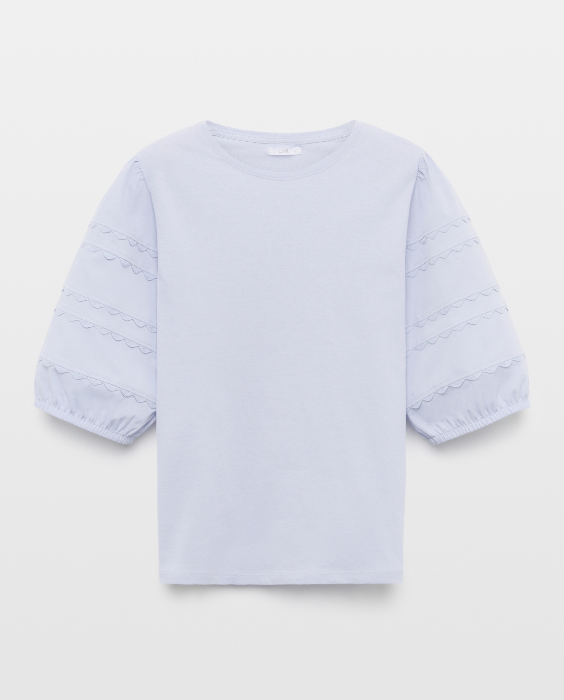 Camiseta de mujer cuello caja manga farol con detalles 410 Azul claro-4