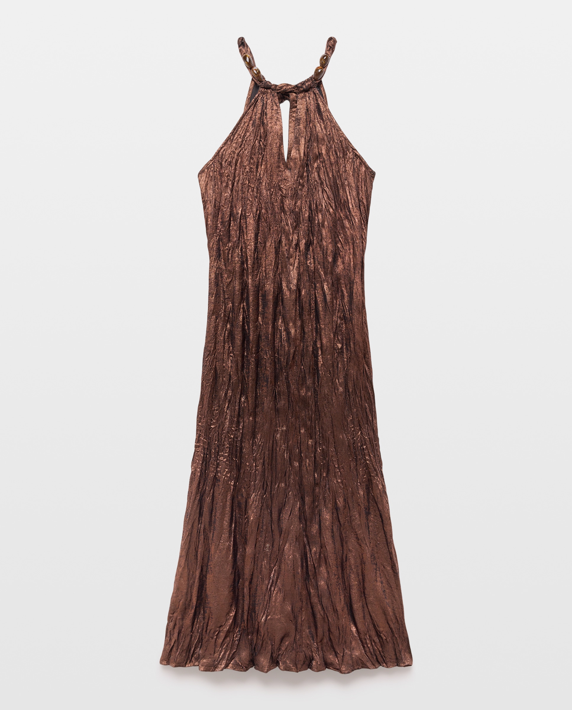 Vestido sem Mangas Halter com Detalhe de Nó e Pedraria Castanho-5