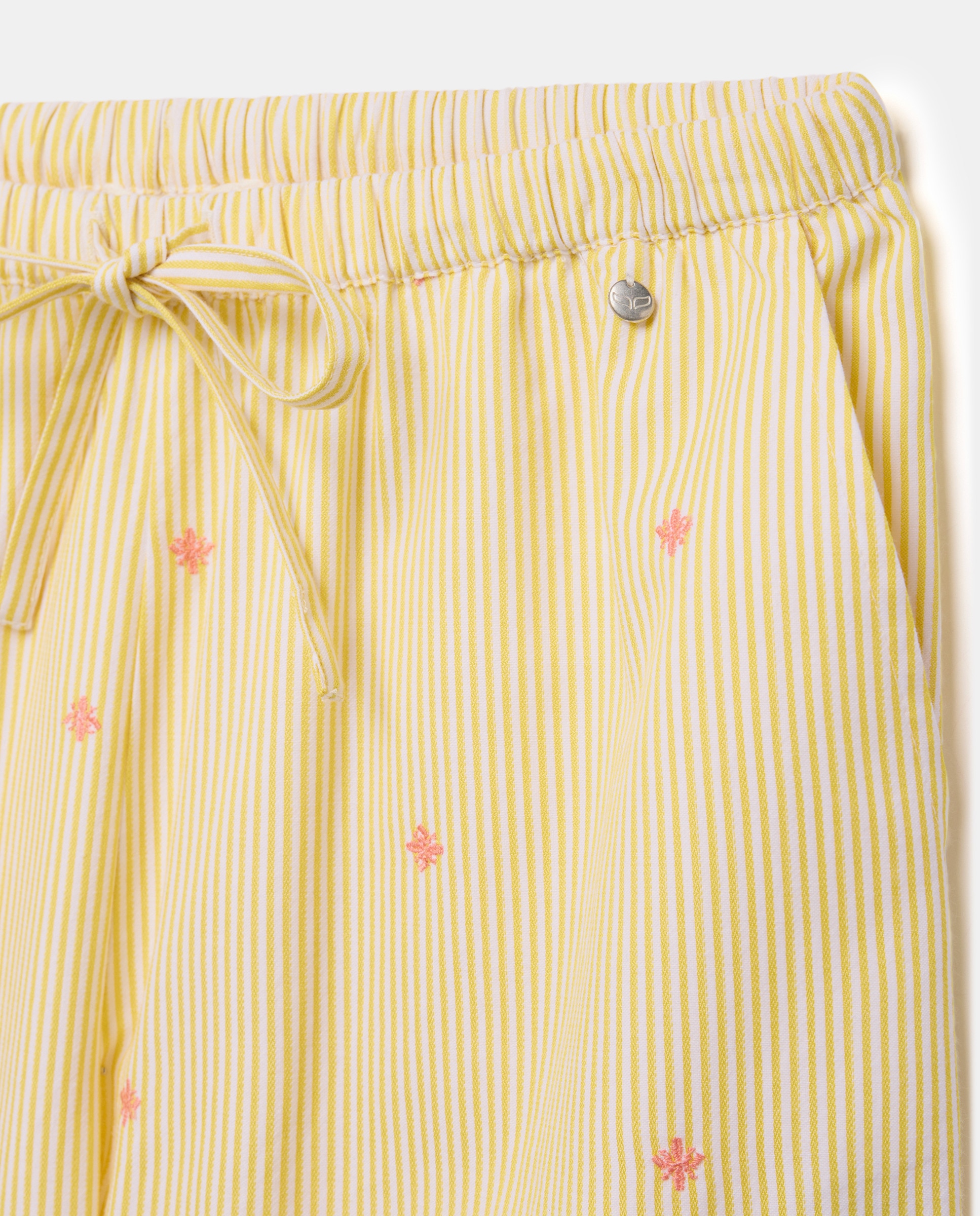 Calças Largas às Riscas com Bordado 310 Amarelo Claro-5