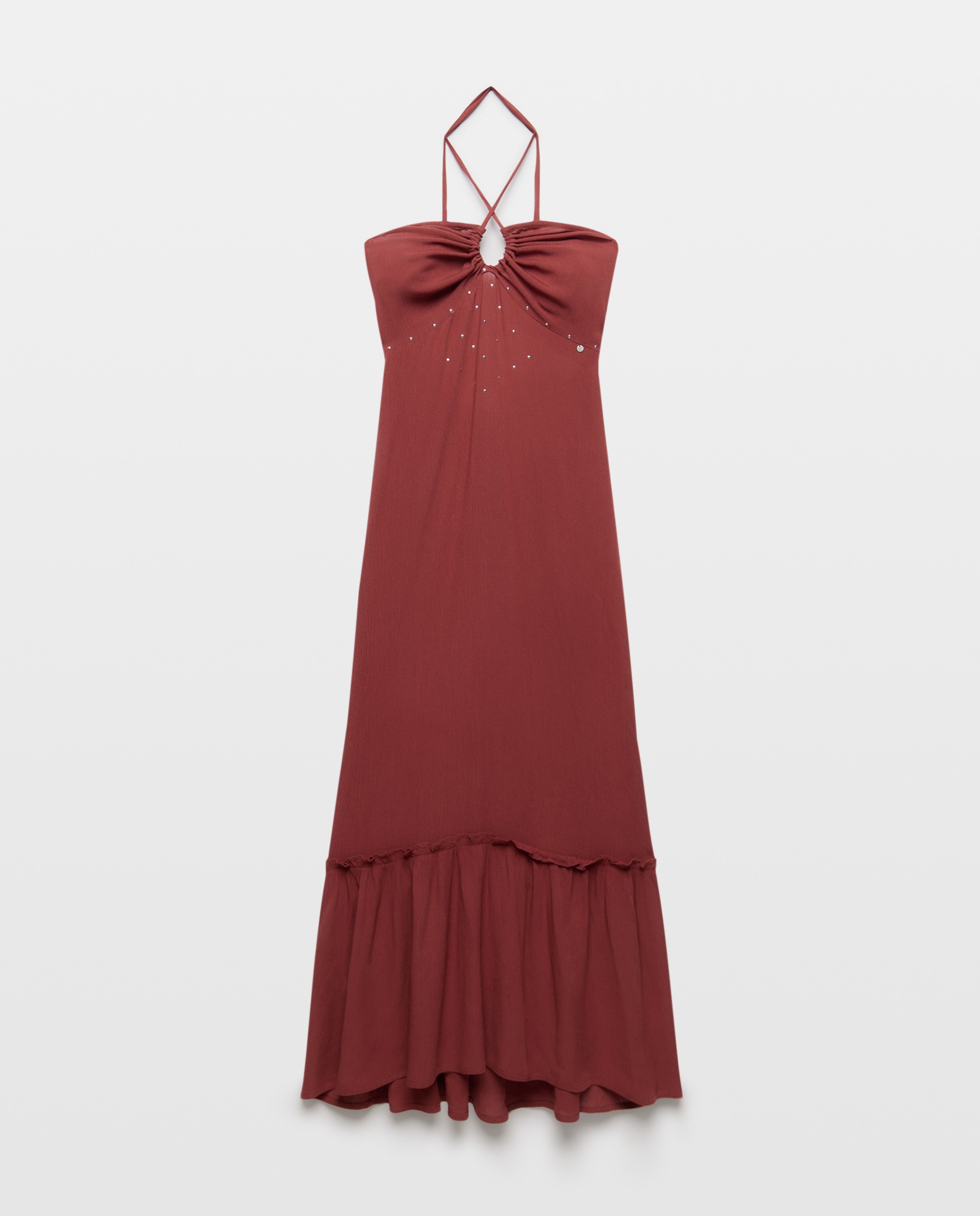 Vestido Comprido com Decote Franzido Açafrão-4