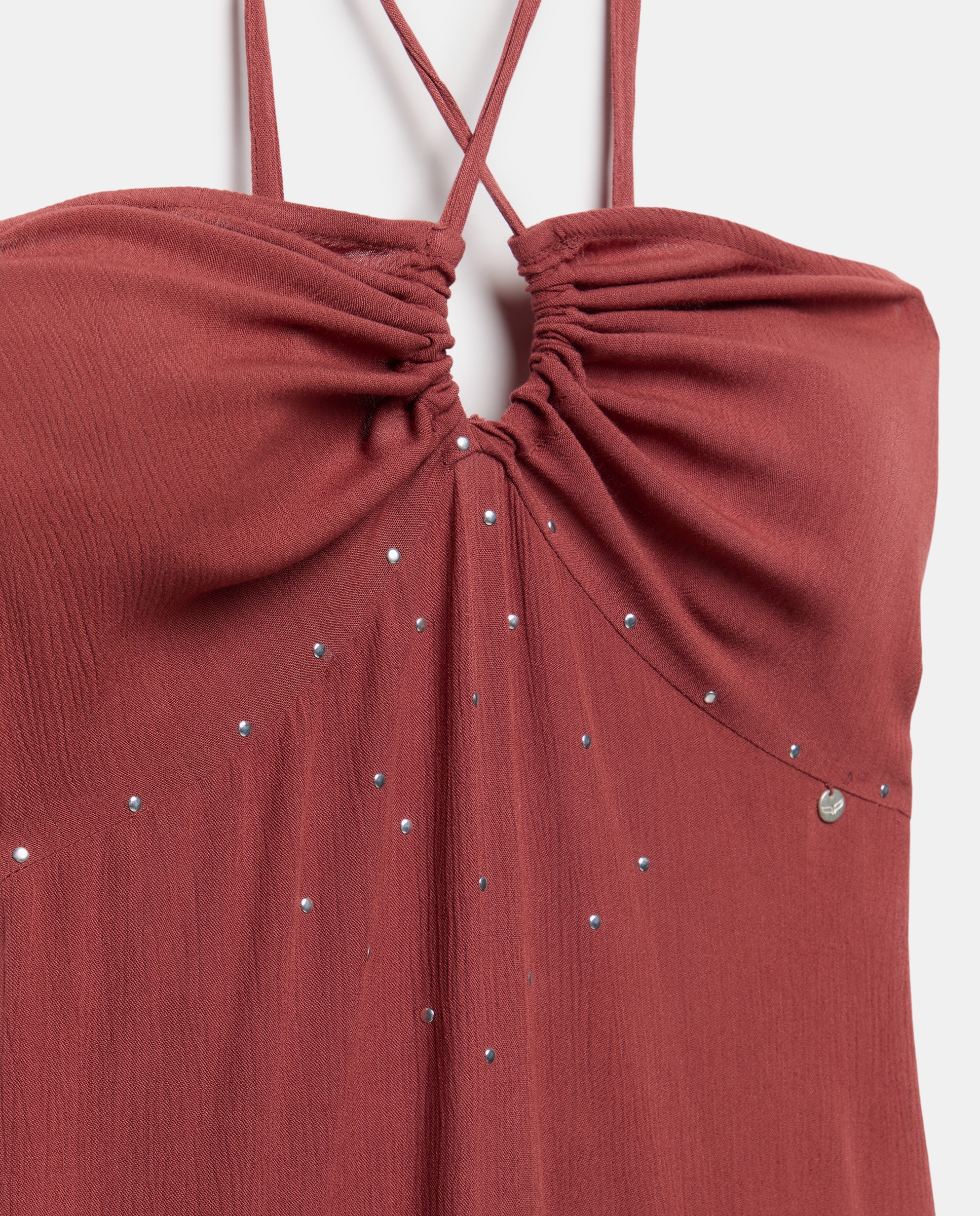Vestido Comprido com Decote Franzido Açafrão-5