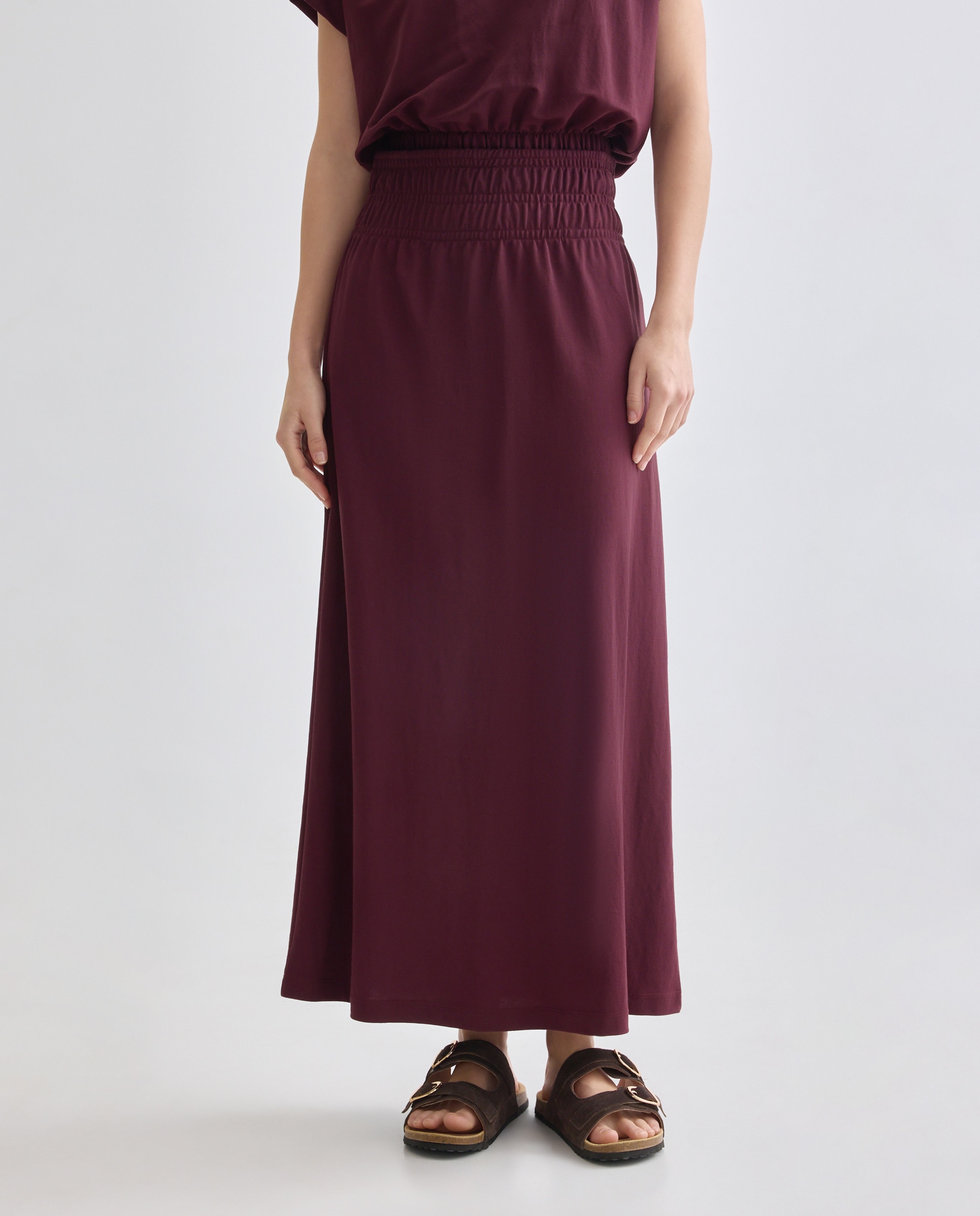 Falda midi de mujer con cintura fruncida Burdeos-2