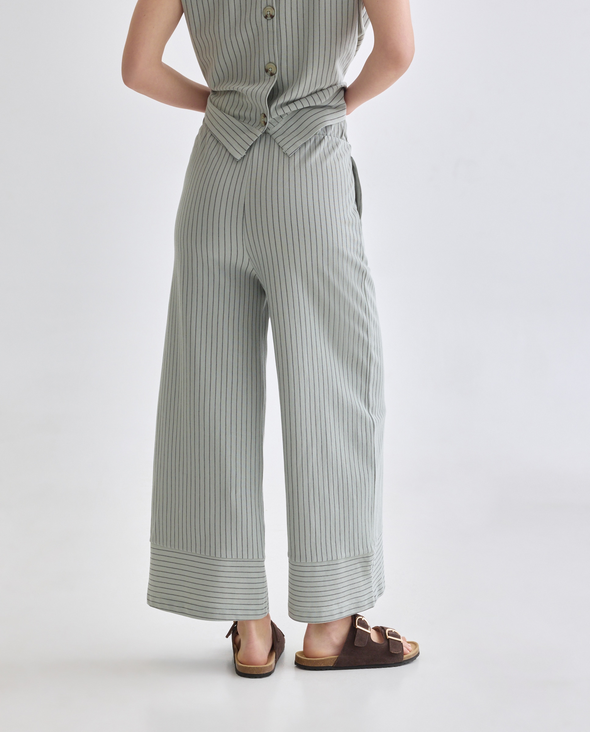 Pantalon de mujer ancho de rayas Verde-3