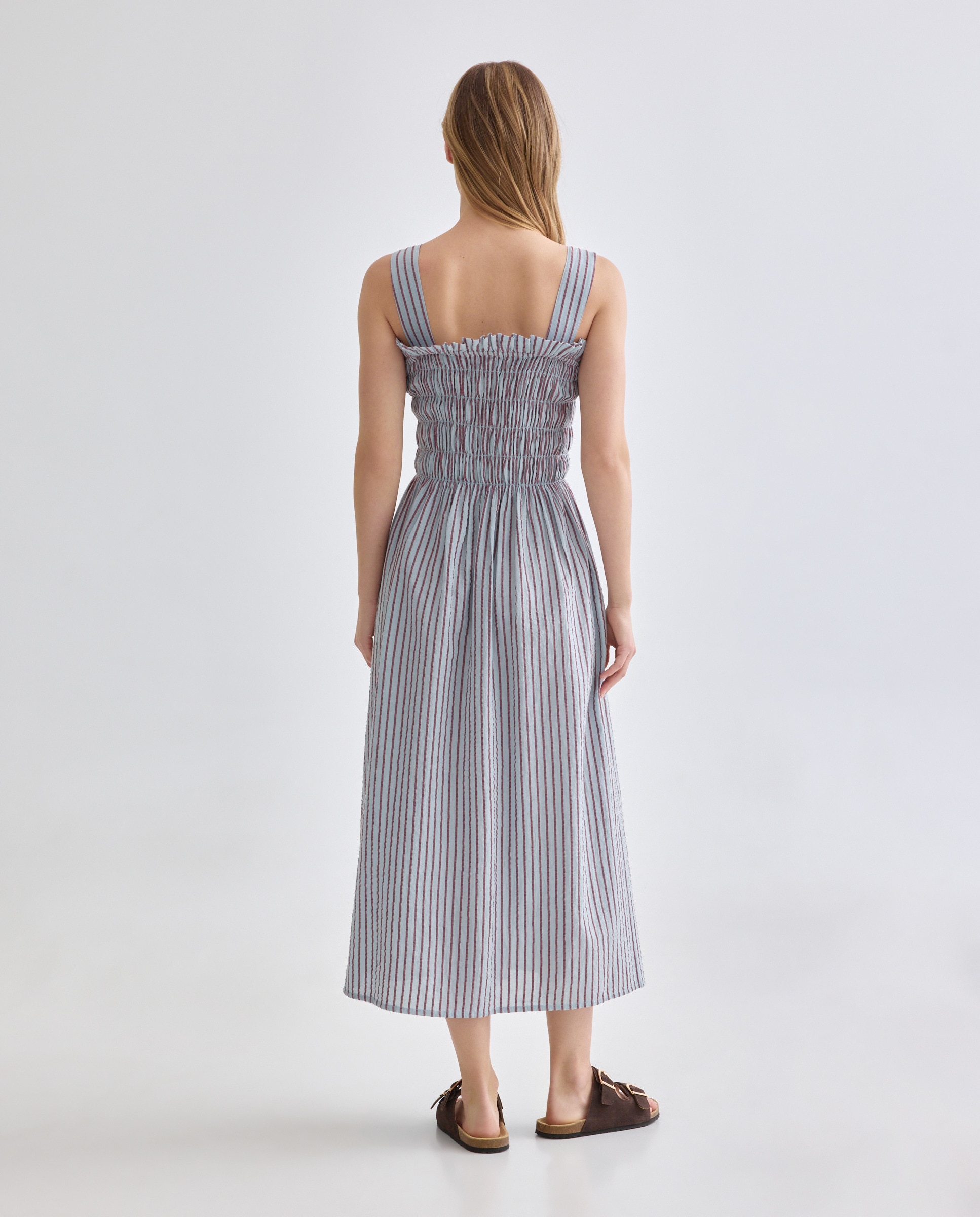 Vestido de mujer con pechera fruncida de rayas Rosa-3