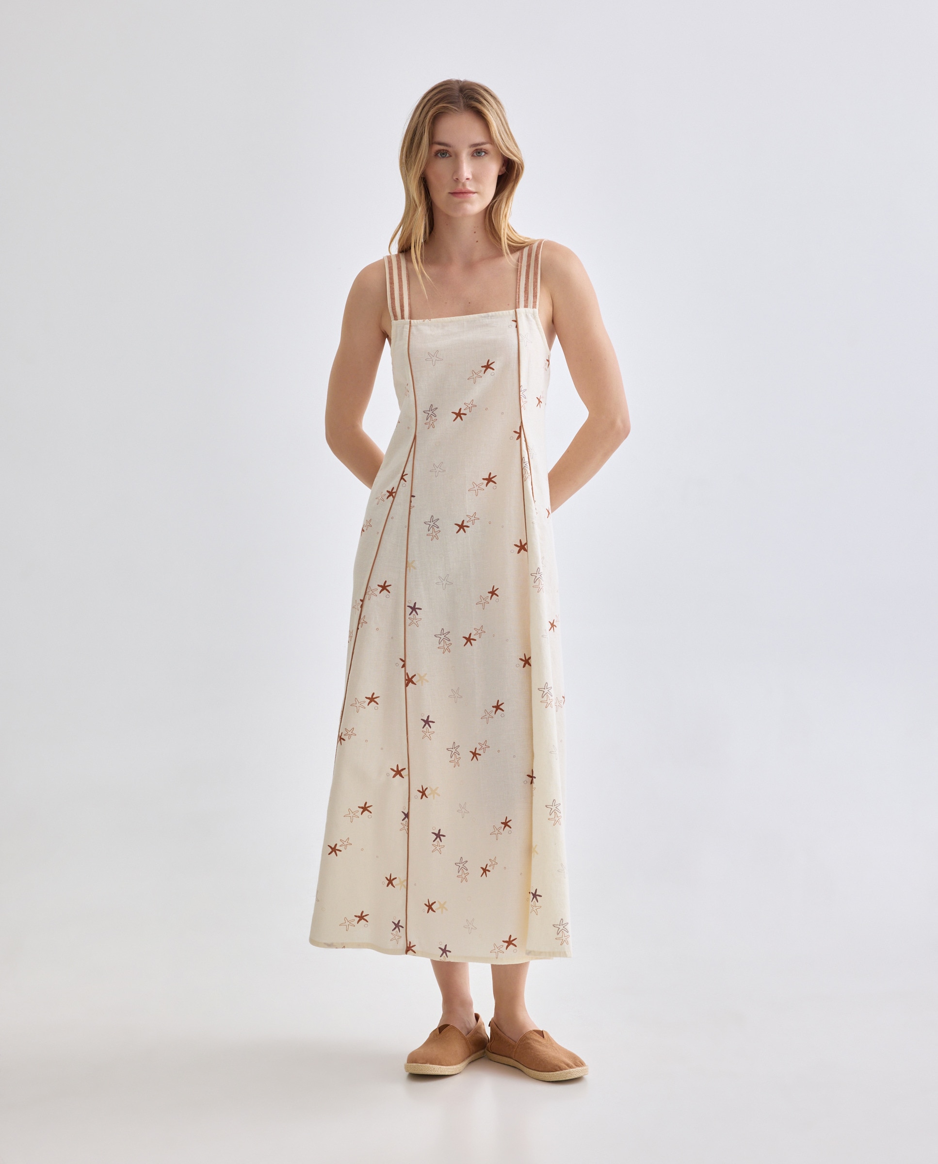 Vestido de mujer estampado con lino Marrón-2
