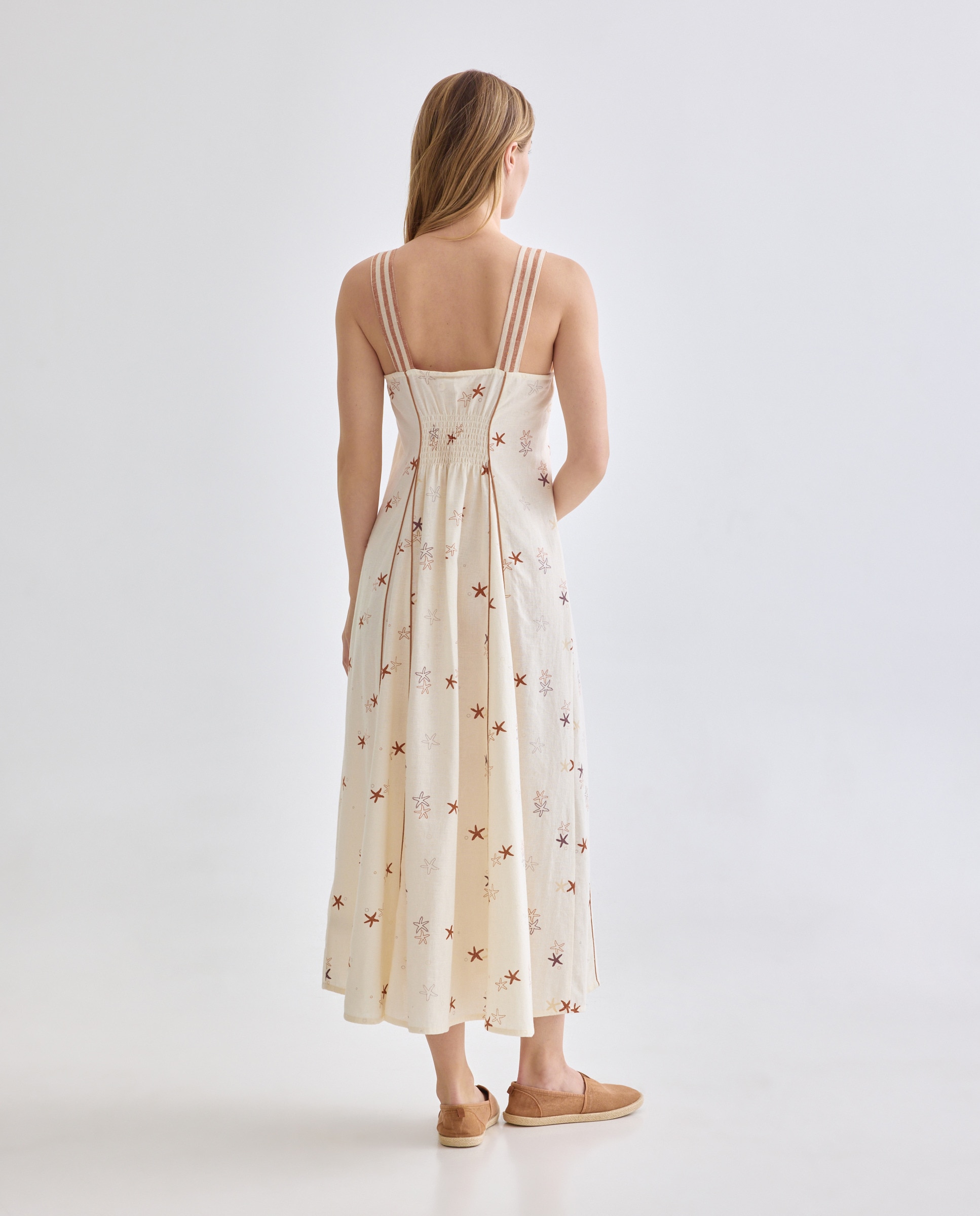 Vestido de mujer estampado con lino Marrón-3