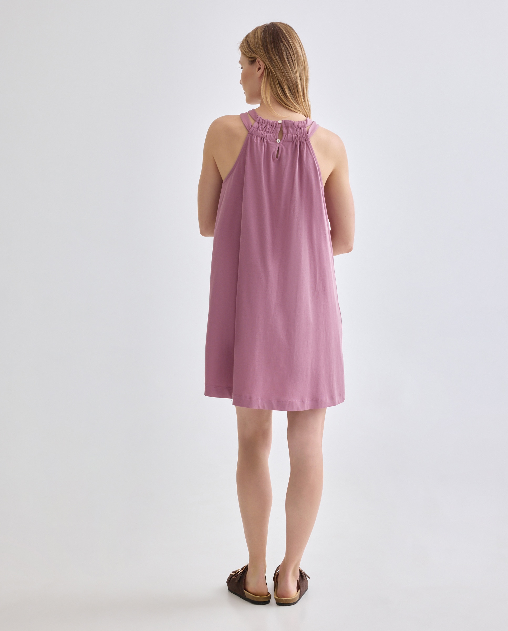 Vestido básico de mujer cuello halter liso Morado-3