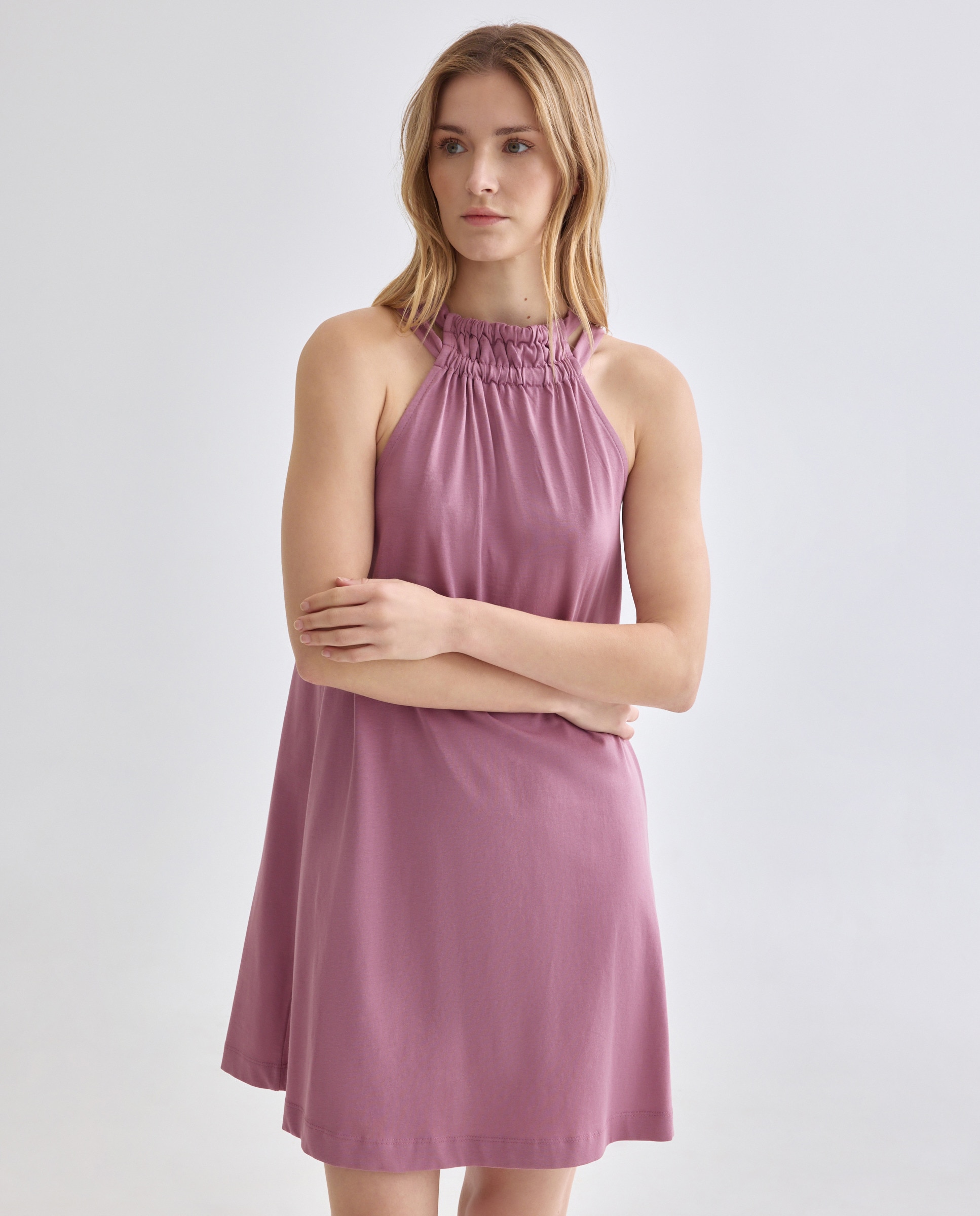 Vestido básico de mujer cuello halter liso Morado-2