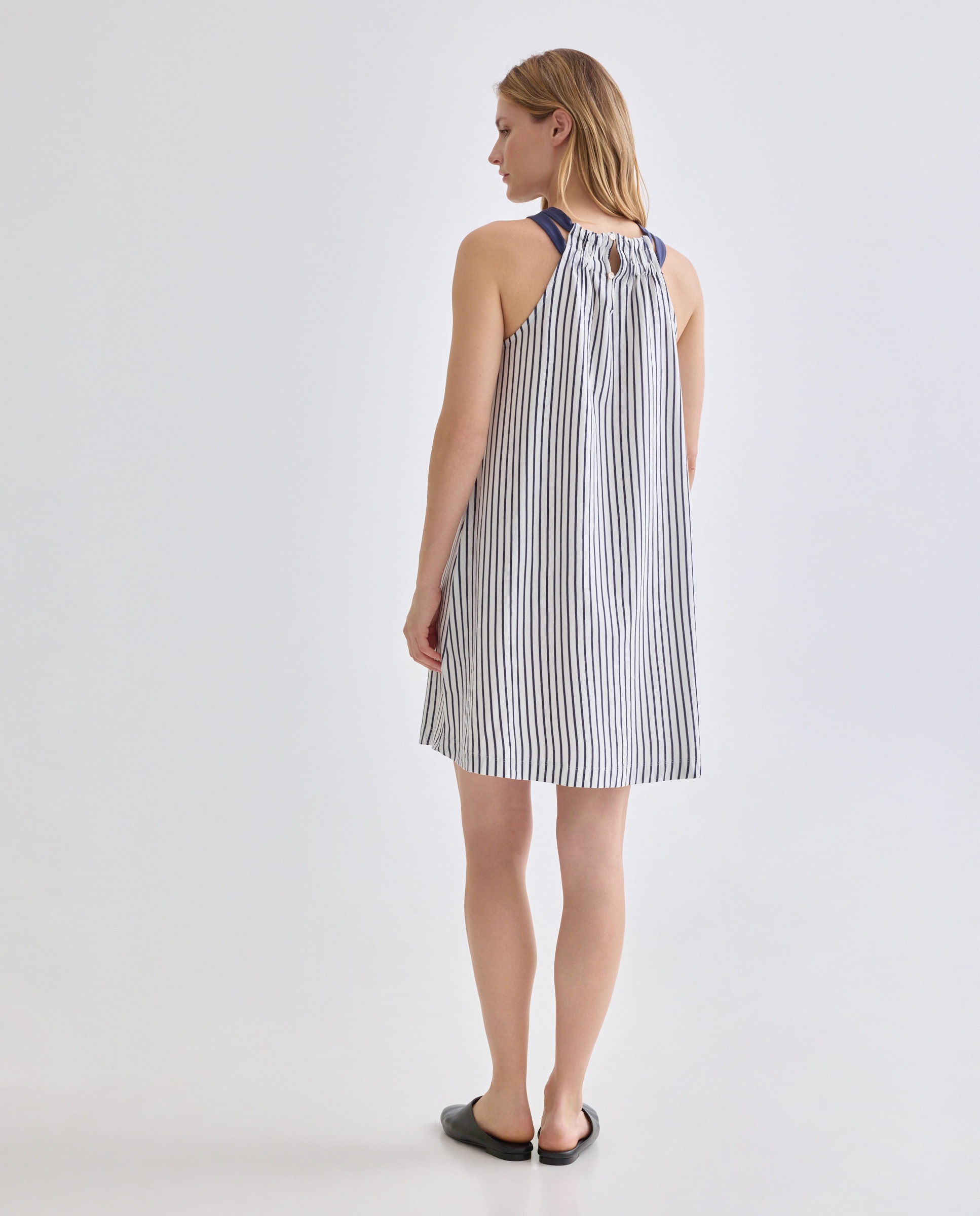 Vestido básico de mujer cuello halter rayas Azul-3