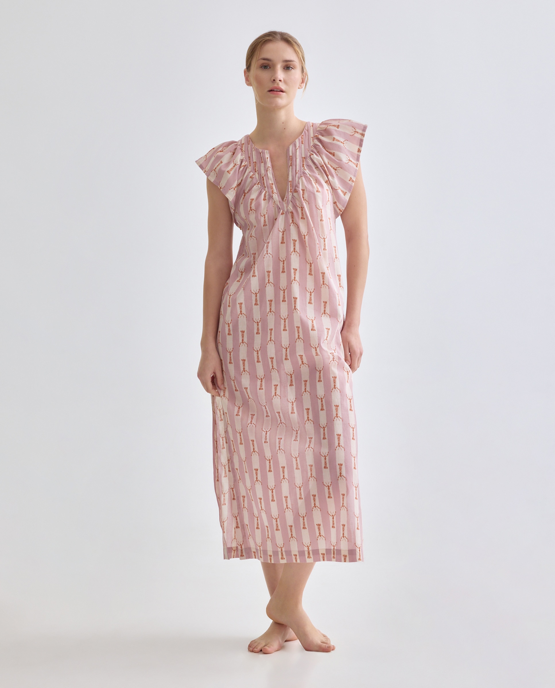 Caftán mujer largo algodón pico jaretas 240 Fucsia-2