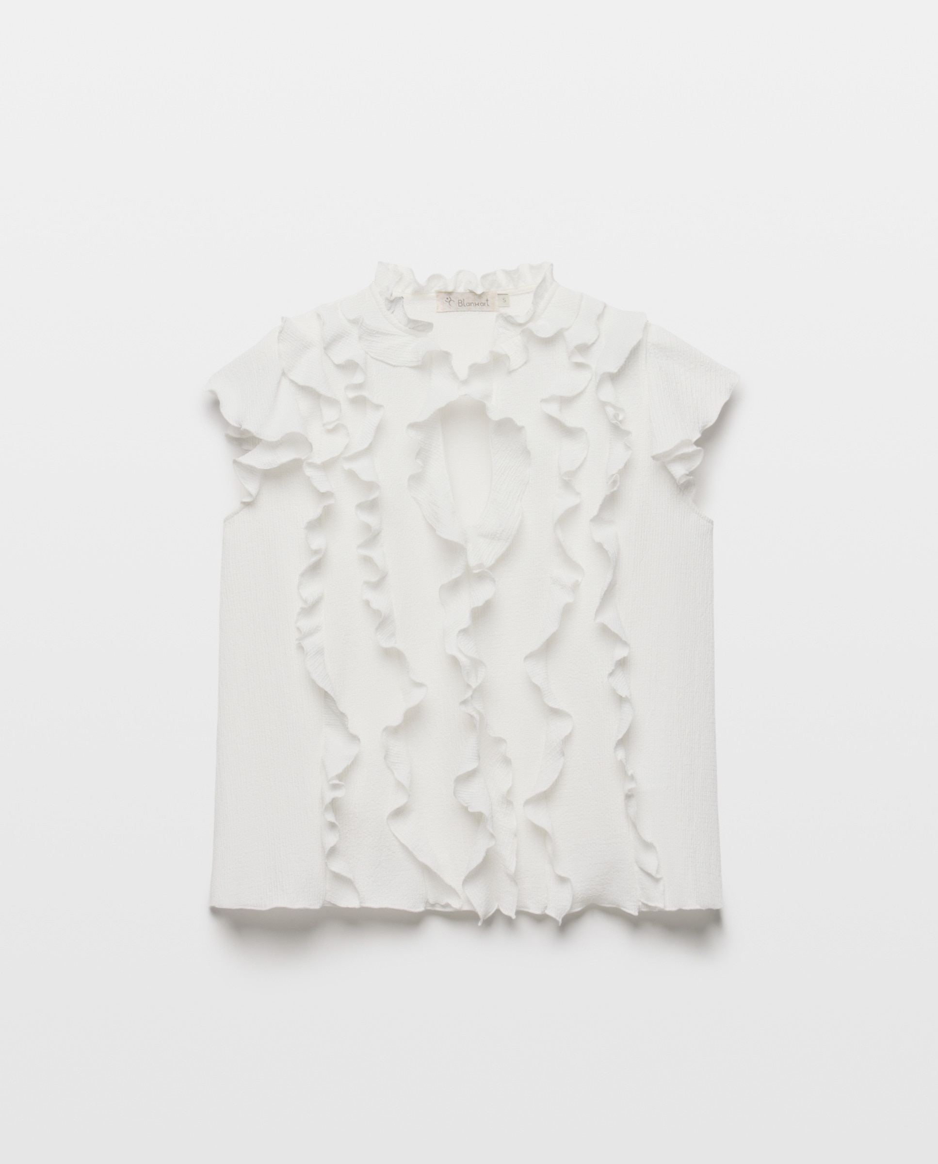 Blusa Sem Mangas com Decote em Bico e Folhos Branco-4