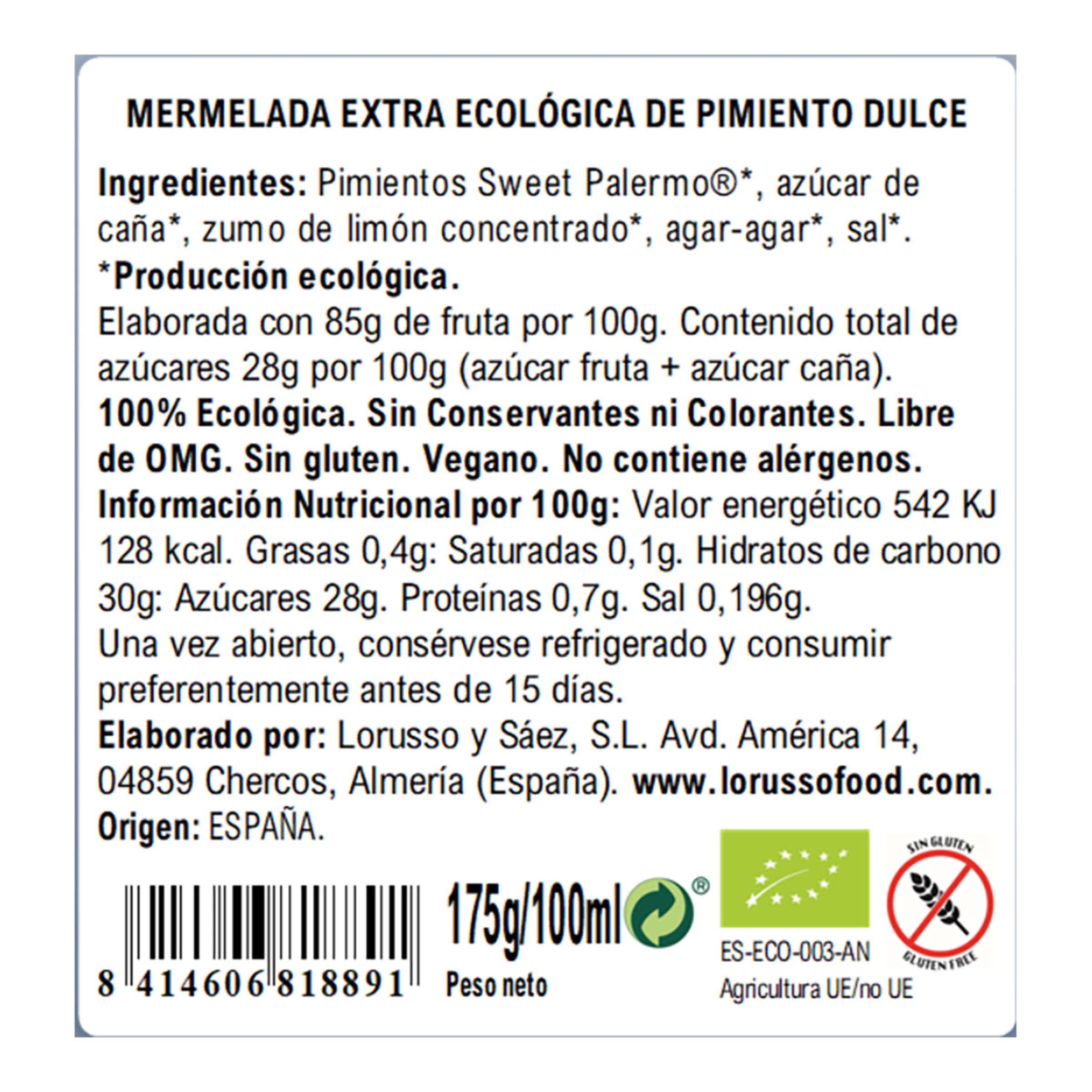 Mermelada extra ecológica de pimiento dulce Lorusso 2