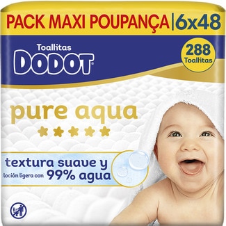 toallitas húmedas infantiles Pure Aqua textura suave y loción ligera con 99% agua pack 6x48 envase 288 unidades - Dodot