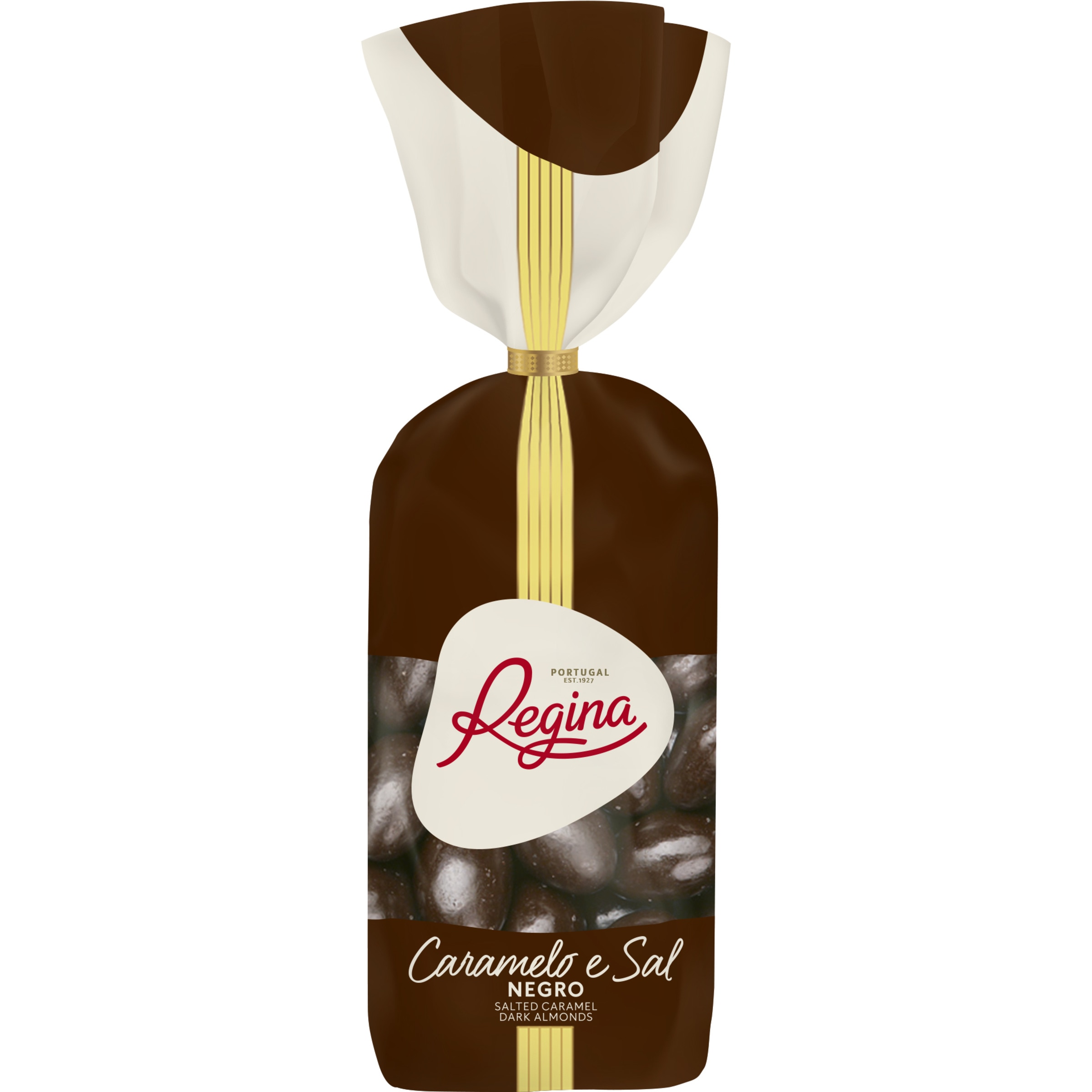 Amêndoas Cobertas de Chocolate Negro, Caramelo e Sal embalagem 150 g