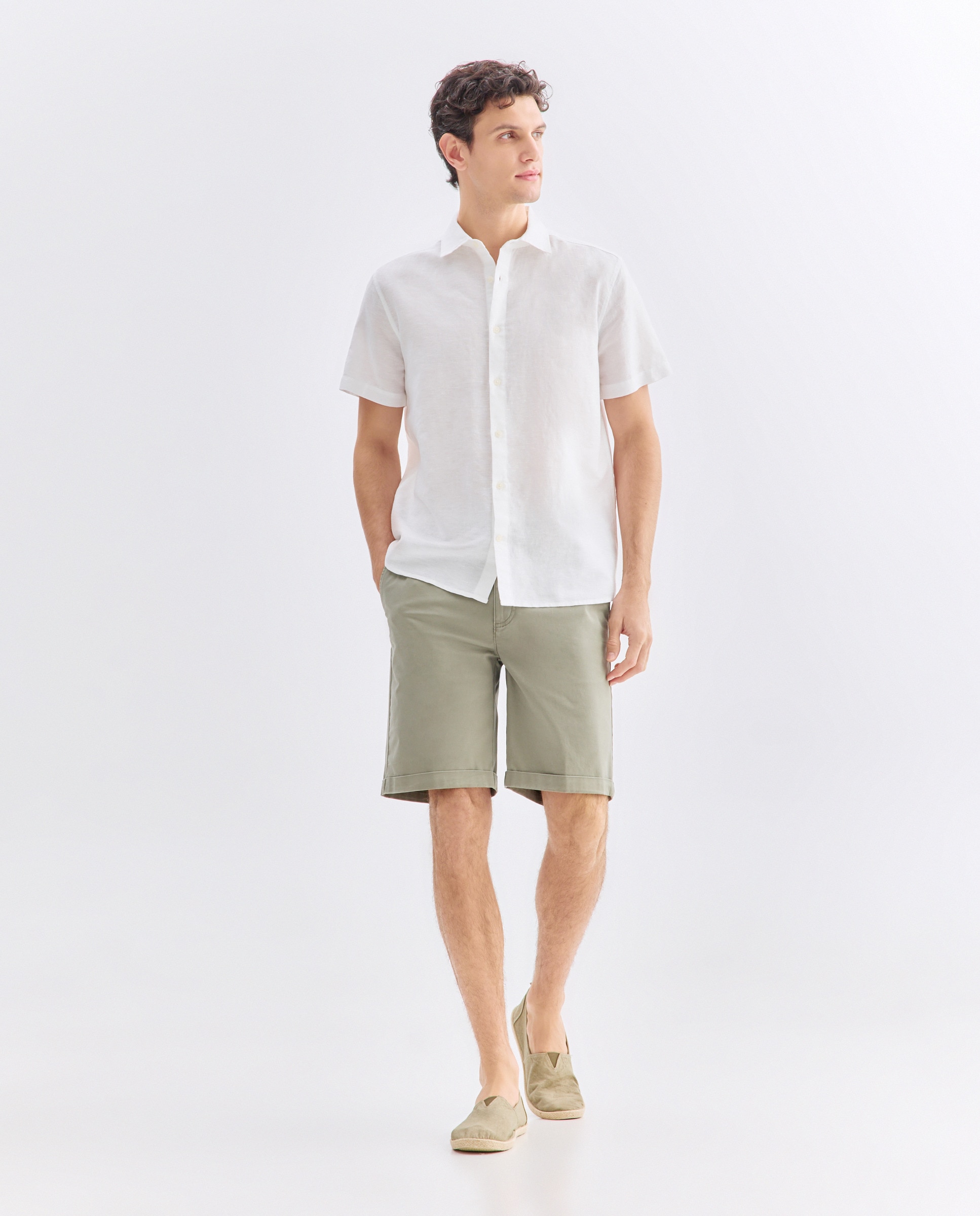Camisa sport manga corta hombre con lino Blanco-2