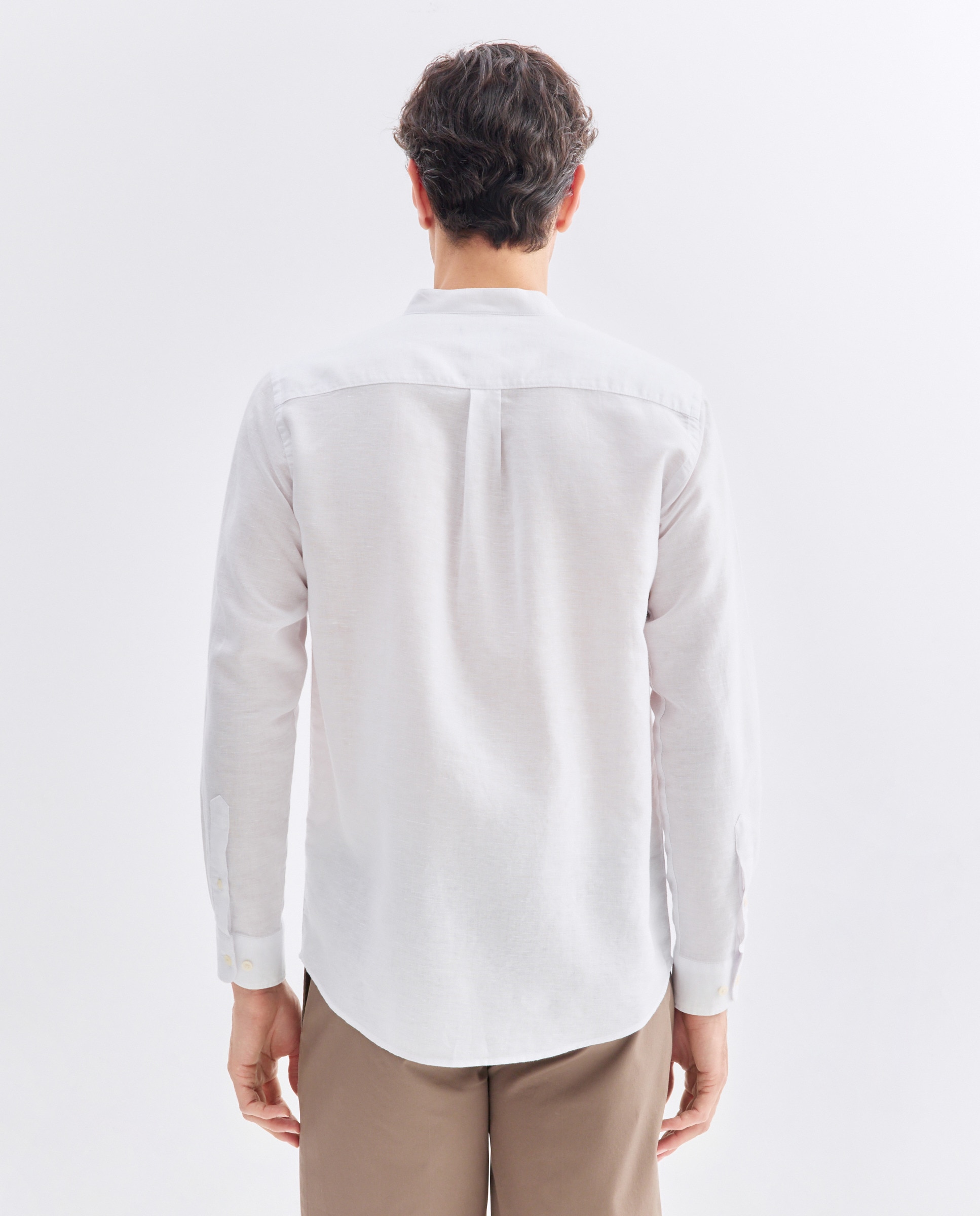 Camisa sport hombre lino y algodón lisa cuello mao Blanco-3