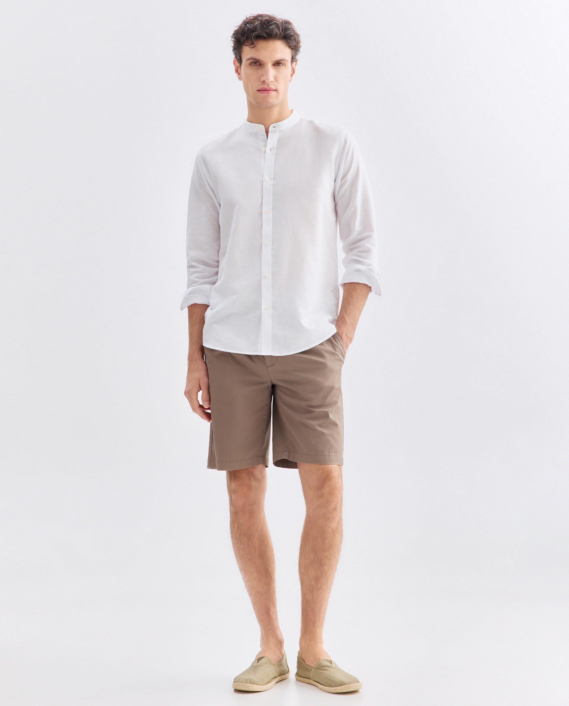 Camisa sport hombre lino y algodón lisa cuello mao Blanco-2