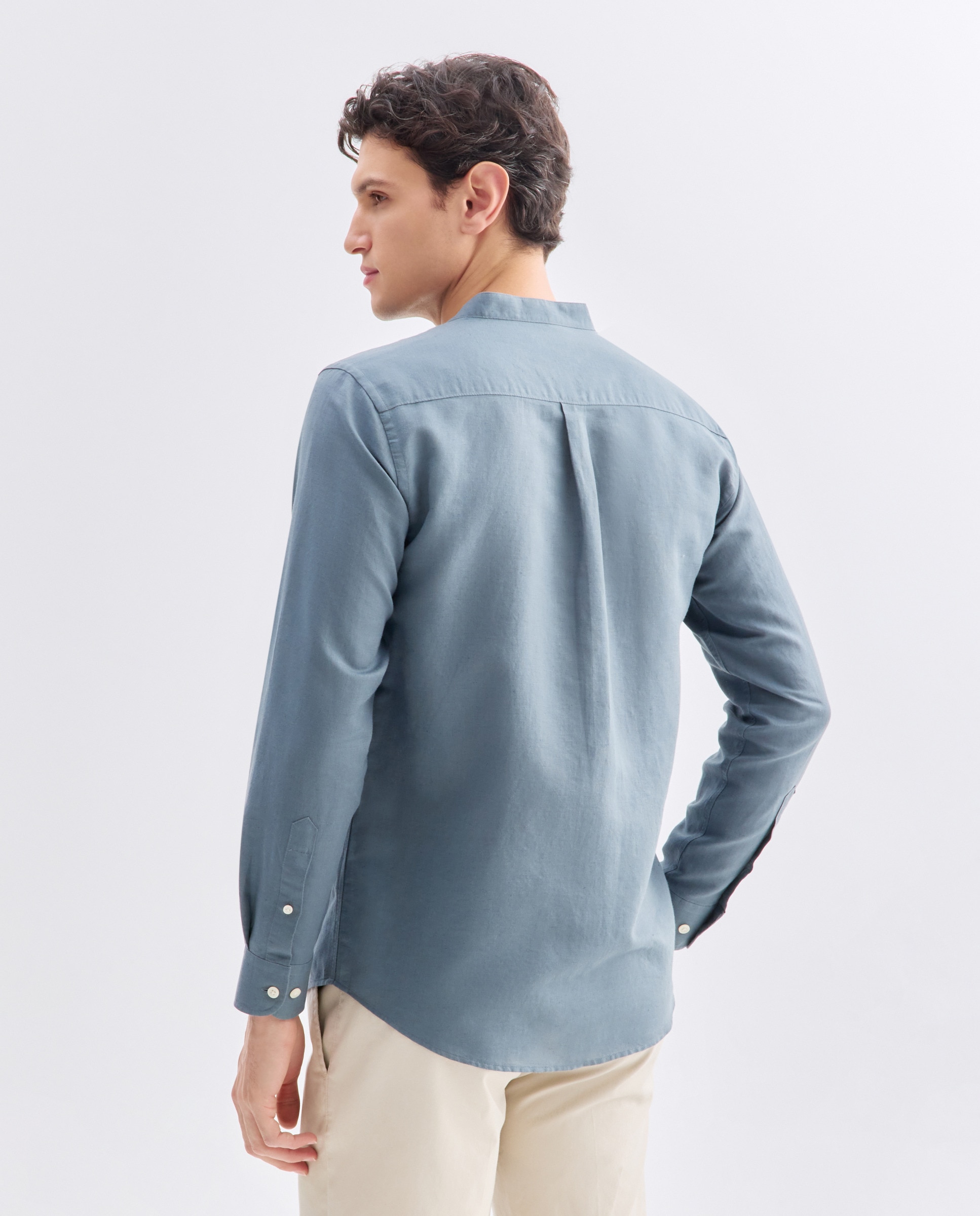 Camisa sport hombre lino y algodón lisa cuello mao 400 Azul-3