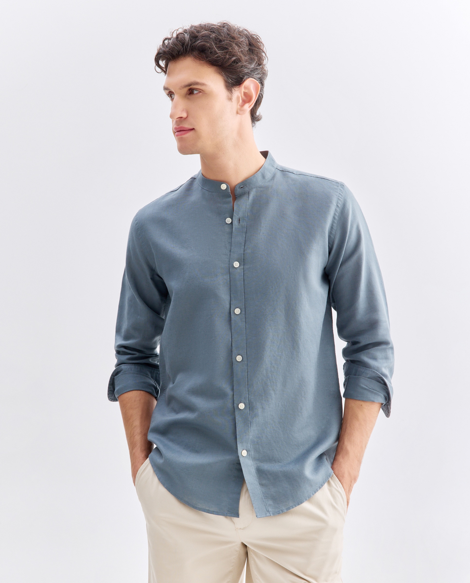 Imagen 0 de Camisa sport hombre lino y algodón lisa cuello mao