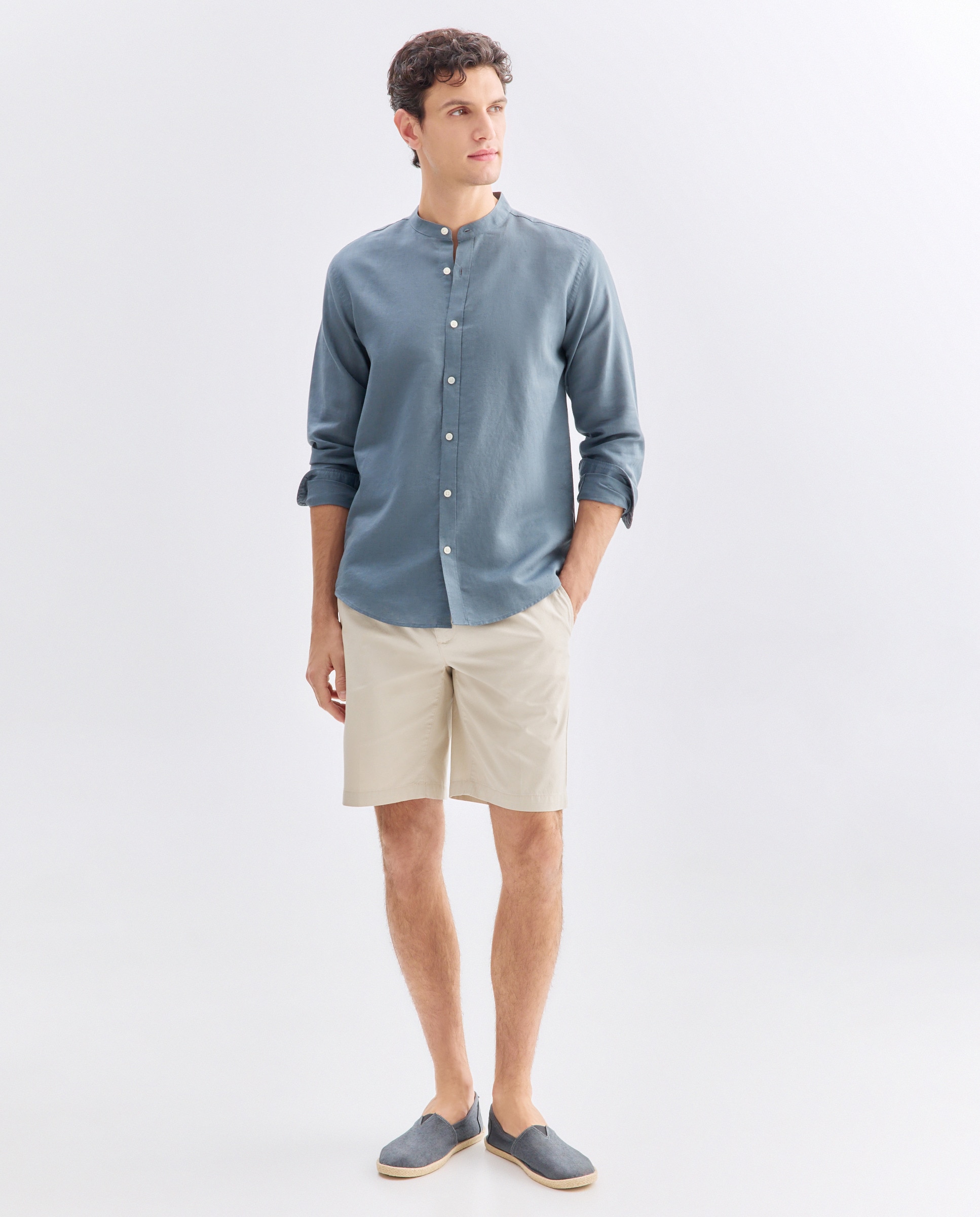Camisa sport hombre lino y algodón lisa cuello mao 400 Azul-2