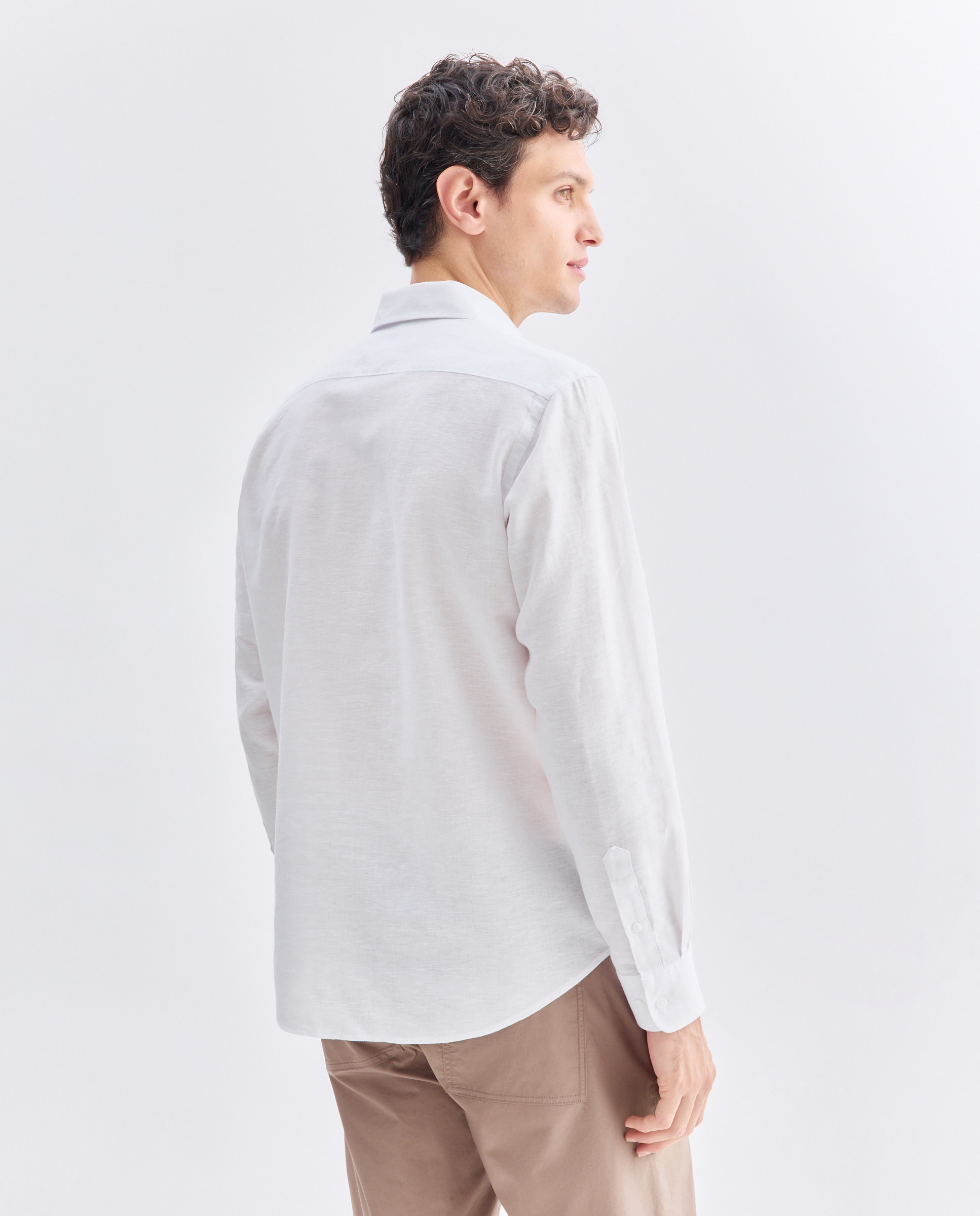 Camisa polera sport hombre lino y algodón lisa Blanco-3