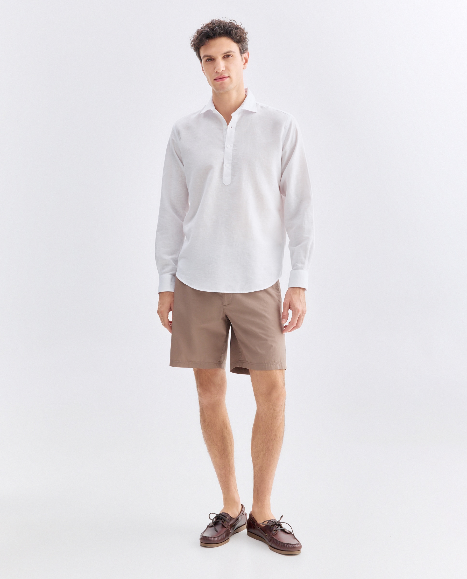Camisa polera sport hombre lino y algodón lisa Blanco-2