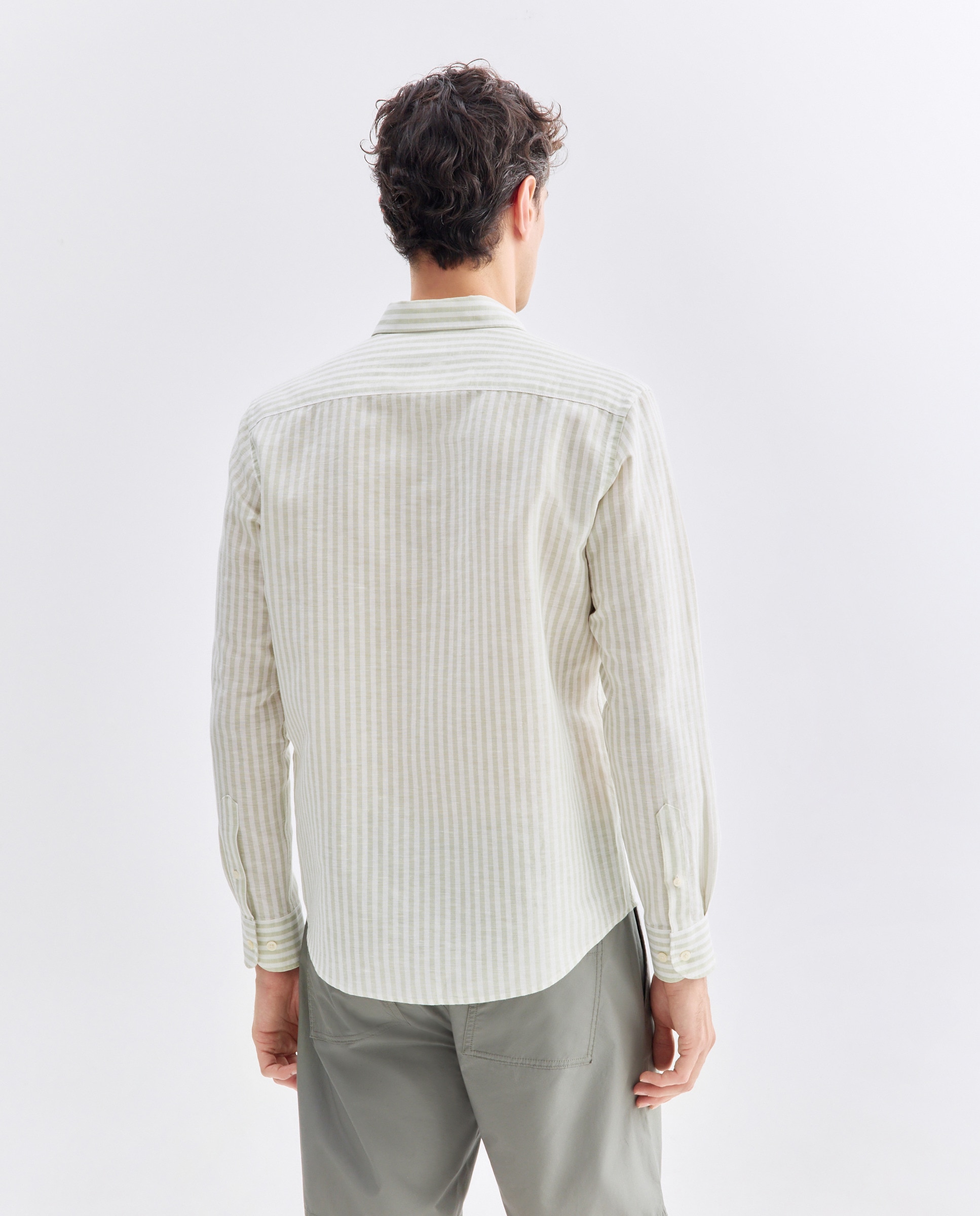 Camisa sport hombre lino y algodón rayas 510 Verde claro-3