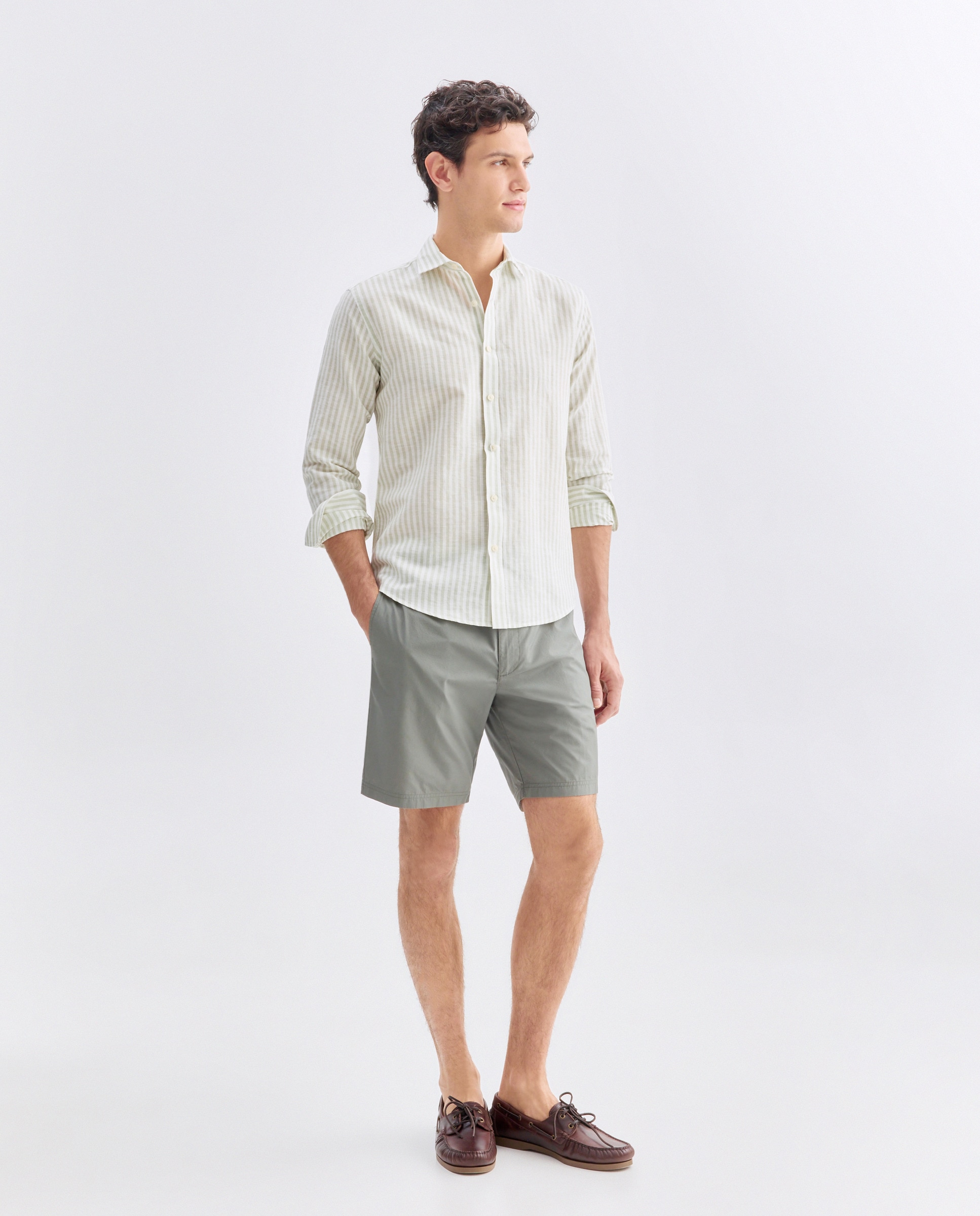 Camisa sport hombre lino y algodón rayas 510 Verde claro-2