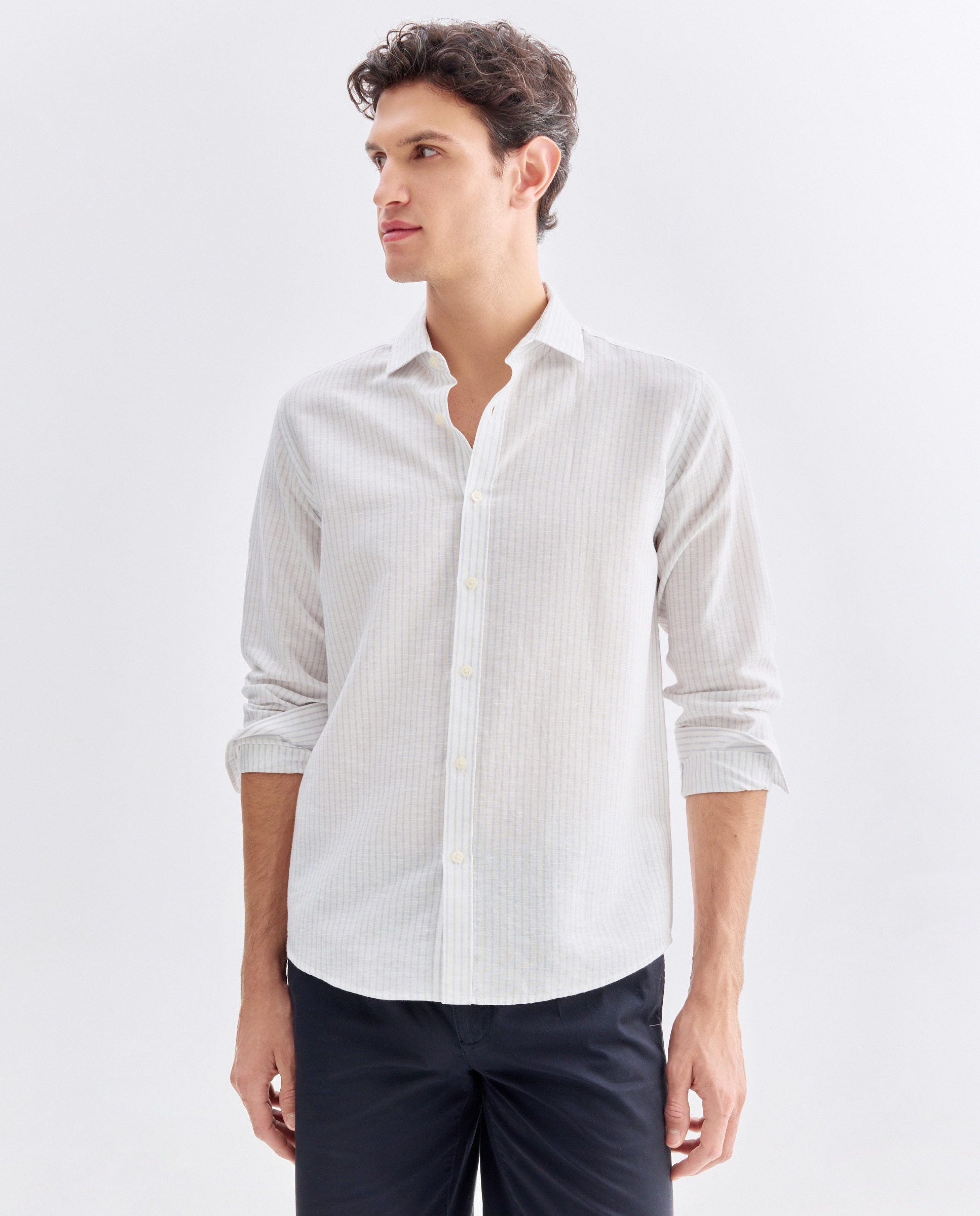 Imagen 0 de Camisa sport hombre lino y algodón rayas slim fit