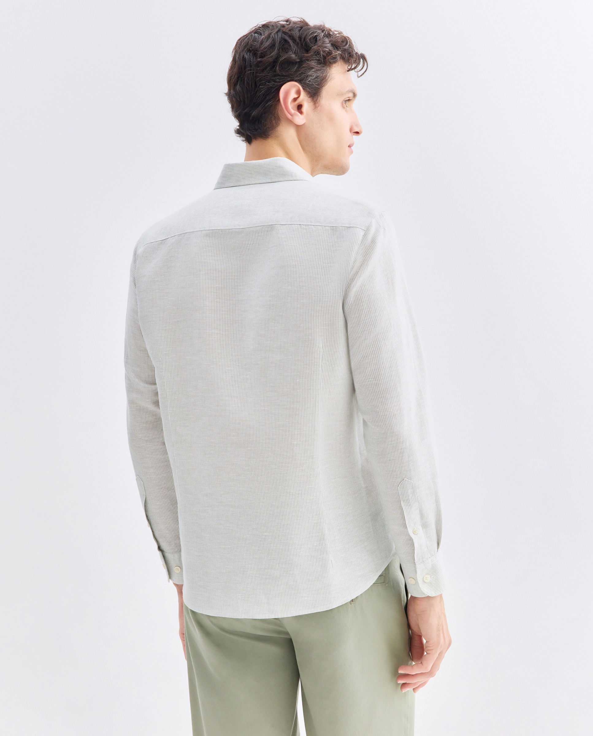 Camisa sport hombre lino y algodón rayas slim fit 520 Kaki-3